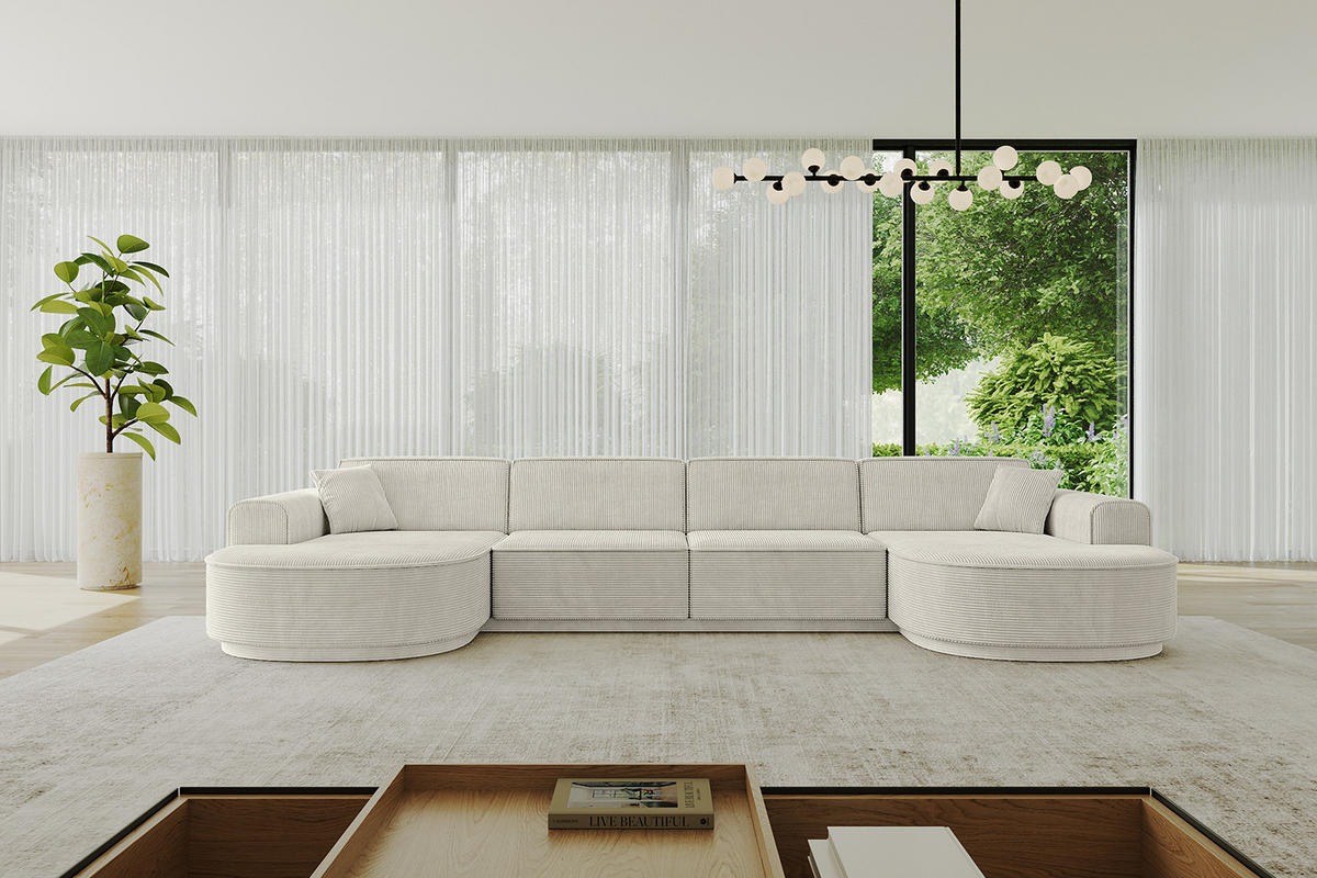 WOHNLANDSCHAFT MARI-U2-v3 - 380x163x81 cm Hellgrau Cord - Hellgrau/Schwarz, Holzwerkstoff/Kunststoff (380/81/163cm) - ALTDECOR