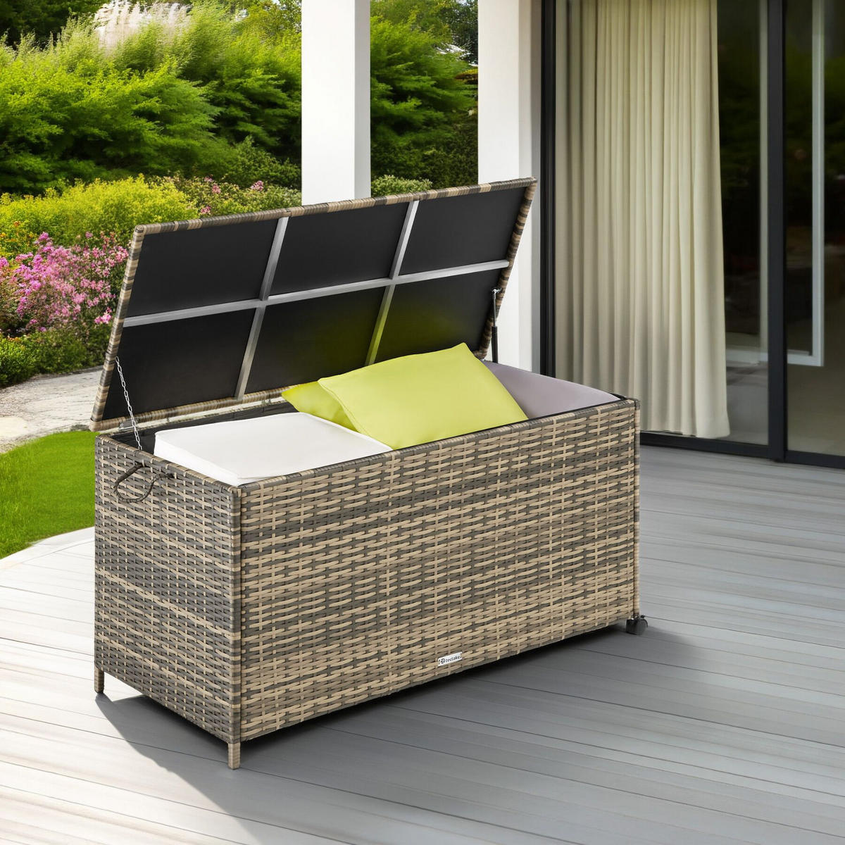 AUFLAGENBOX Kuusamo, 117 x 54 x 64 cm, natur/dunkelgrau - Naturfarben, Kunststoff (54.5/63/117cm) - tectake