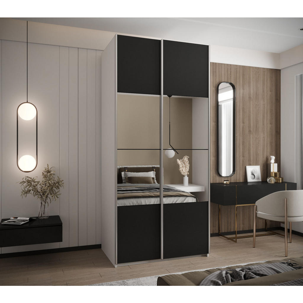 Thumbnail - Abiks Möbel Schwebetürenschrank, Weiß, Schwarz, Silber, Metall, Nachbildung, 6 Fächer, 100x245x64 cm, Schlafzimmer, Klei...
