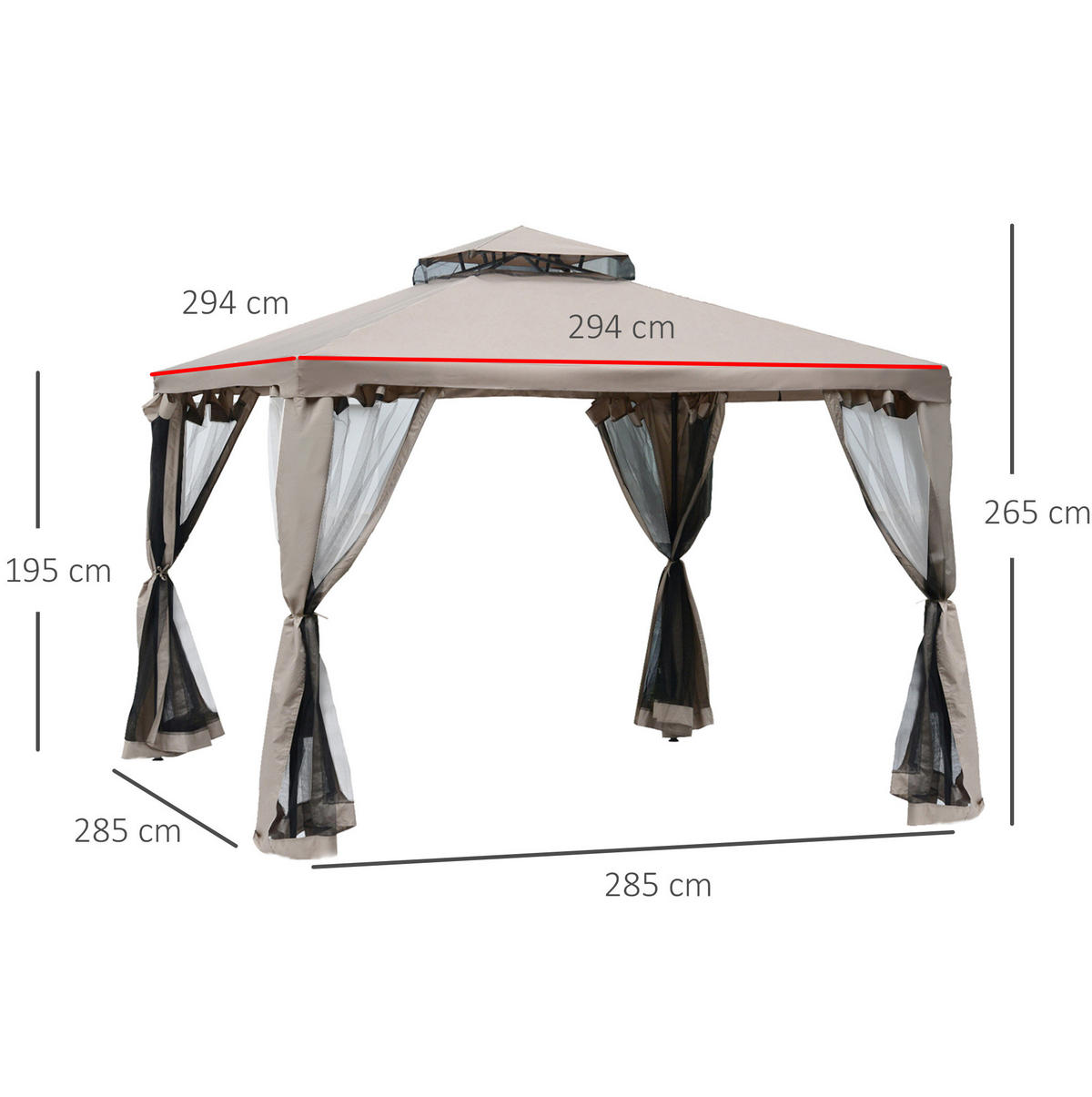 PAVILLON 294/294/265 cm mit Netz-Seitenwänden und Doppeldach, wetterbeständig, Grau - Grau, Textil (294/265/294cm) - Redom
