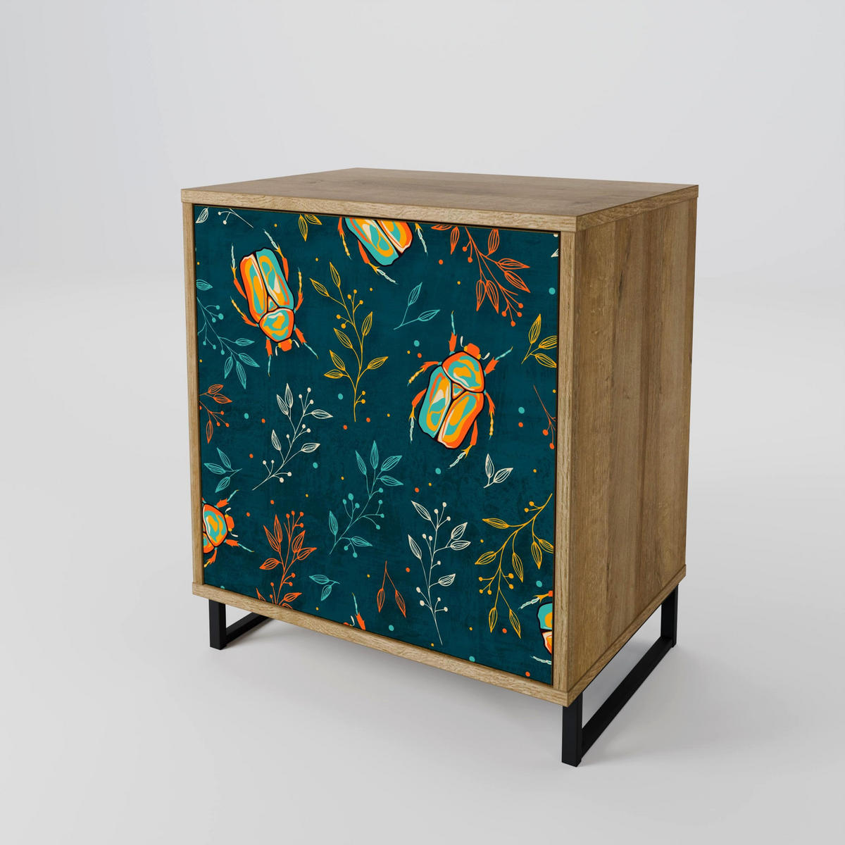 SIDEBOARD AUTUMN INSECTS, Eichefarben, 57,5x42x70,5 cm, Schwarze Metall-Sternfüße - Eichefarben/Multicolor, Holzwerkstoff/Metall (57.5/70.5/42cm) - SpaceRebels