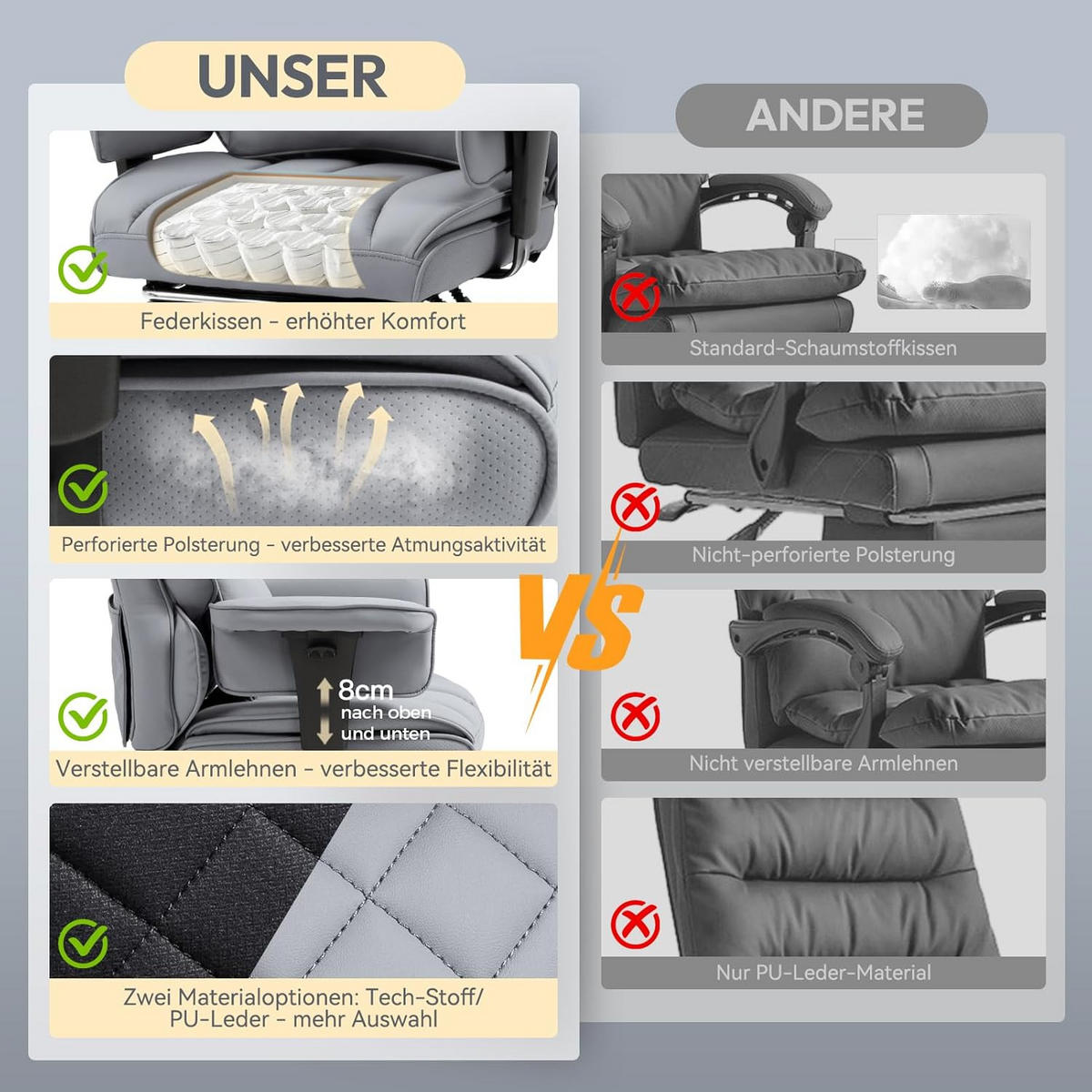 GAMING-STUHL & gefederten Sitzkissen Lendenwirbelstütze und Fußstützen - Grau, Leder (76/121/60cm)