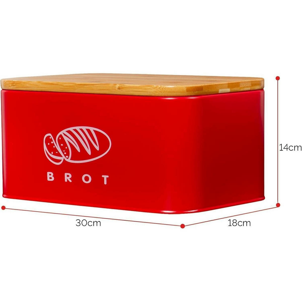 BROTKASTEN mit Bambusdeckel 30 cm Rot - Rot, Metall (18/14/30cm)