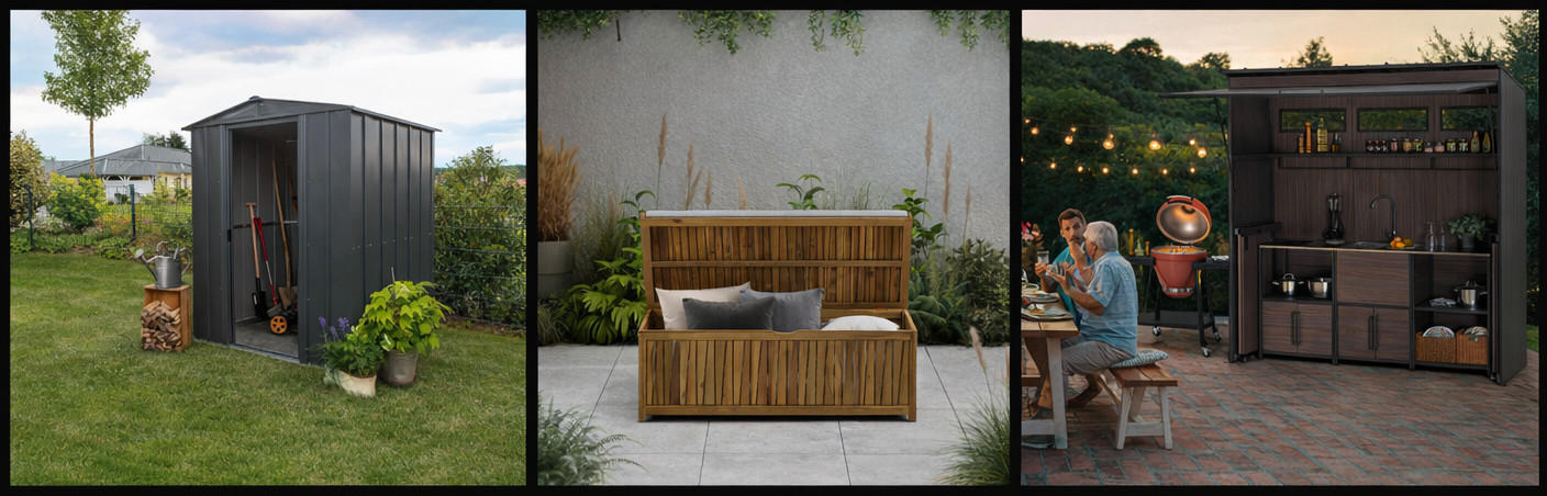 úložné boxy do záhrady, multifunkčné úložné boxy, záhradná búda, šopa