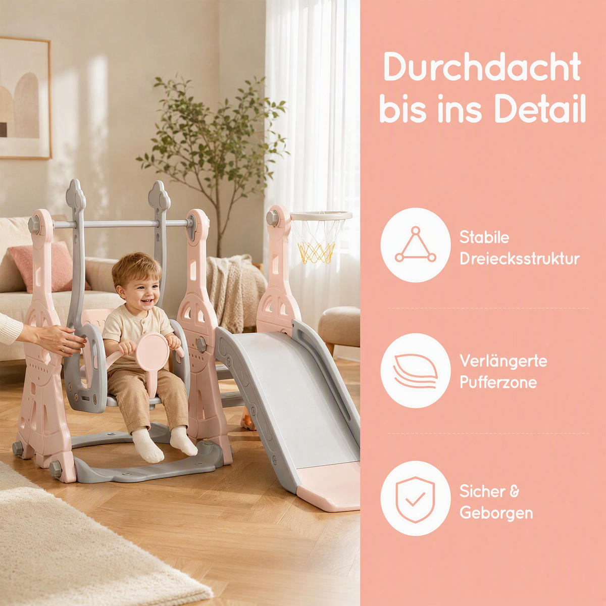 KINDERRUTSCHE 4 in 1 Indoor und Outdoor Babyrutsche mit Basketballkorb, Rosa - Rosa, Kunststoff (118/102/140cm) - GENKI LIVING