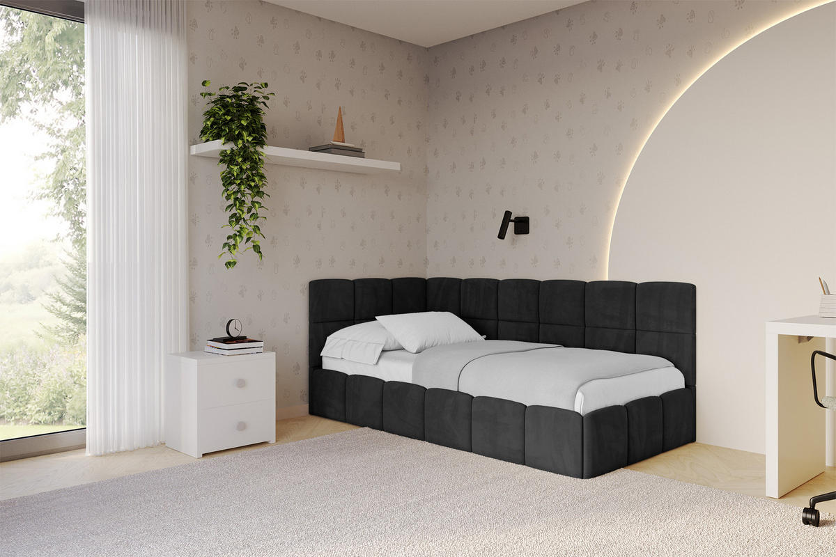 EINZELBETT Jugendbett mit Bettkasten Rechts, ohne Matratze - LIVY 80x200 Schwarz - Schwarz, Holzwerkstoff/Textil (80/200cm) - ALTDECOR