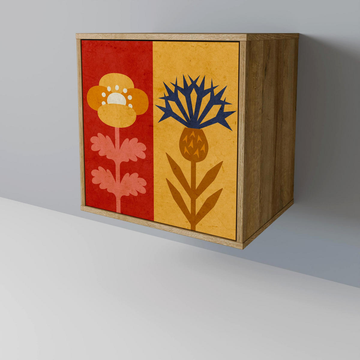 SIDEBOARD SCANDIC FLOWERET, Eichefarben, 57,5x42x70,5 cm, Schwarze Metall-Sternfüße - Eichefarben/Multicolor, Holzwerkstoff/Metall (57.5/70.5/42cm) - SpaceRebels