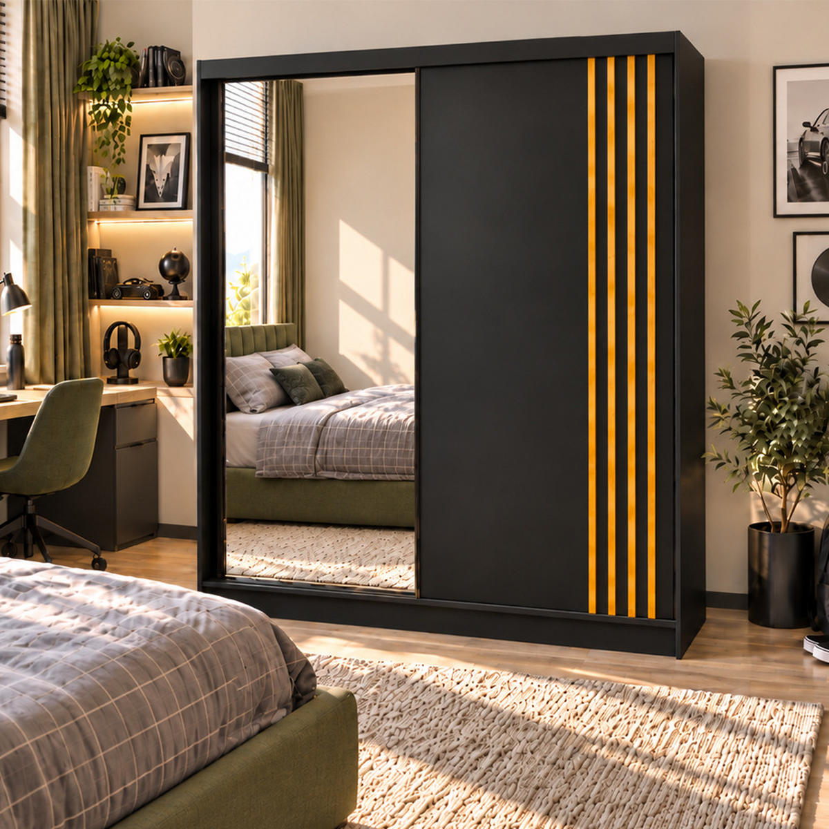 KLEIDERSCHRANK Nila 200 cm Schwarz Spiegel 2 Schubladen Griffe silber - Schwarz, Holzwerkstoff (200/216/61cm) - KS Home Concept
