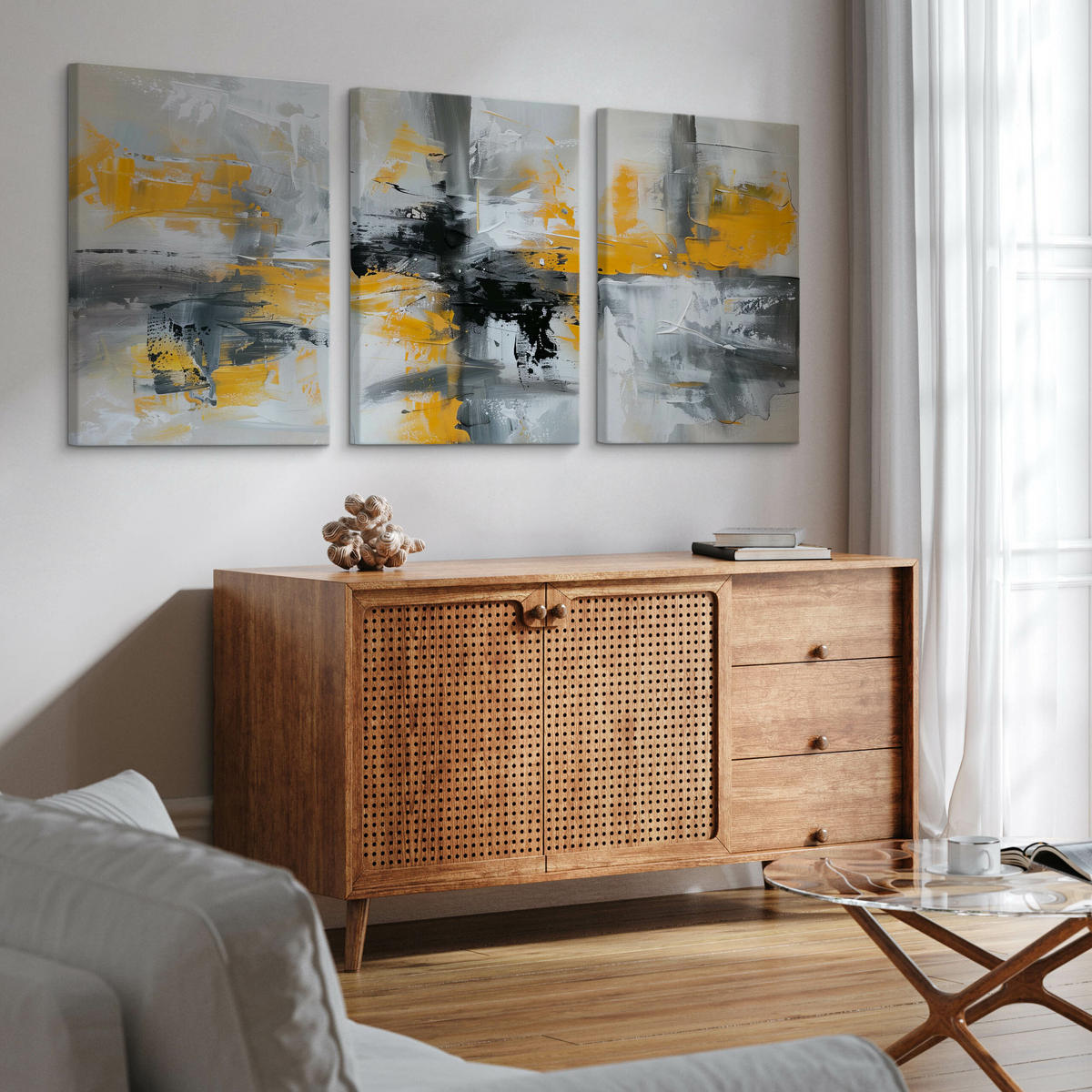 LEINWANDBILDER 3-es Set Abstrakte Kunst - Beige/Gelb, Textil (90/40cm) - Muralo