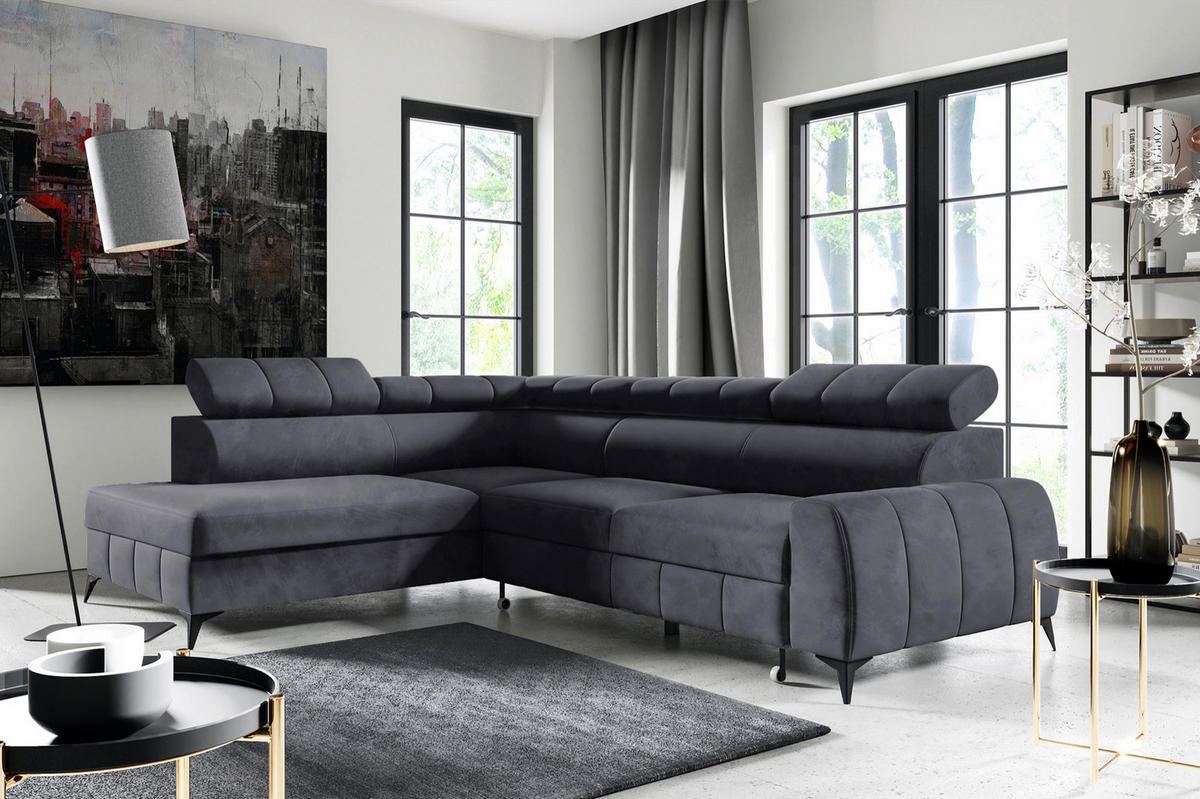 ECKSOFA London Dunkelgrau Velours - Dunkelgrau/Schwarz, Textil/Metall (274/203cm) - Selsey