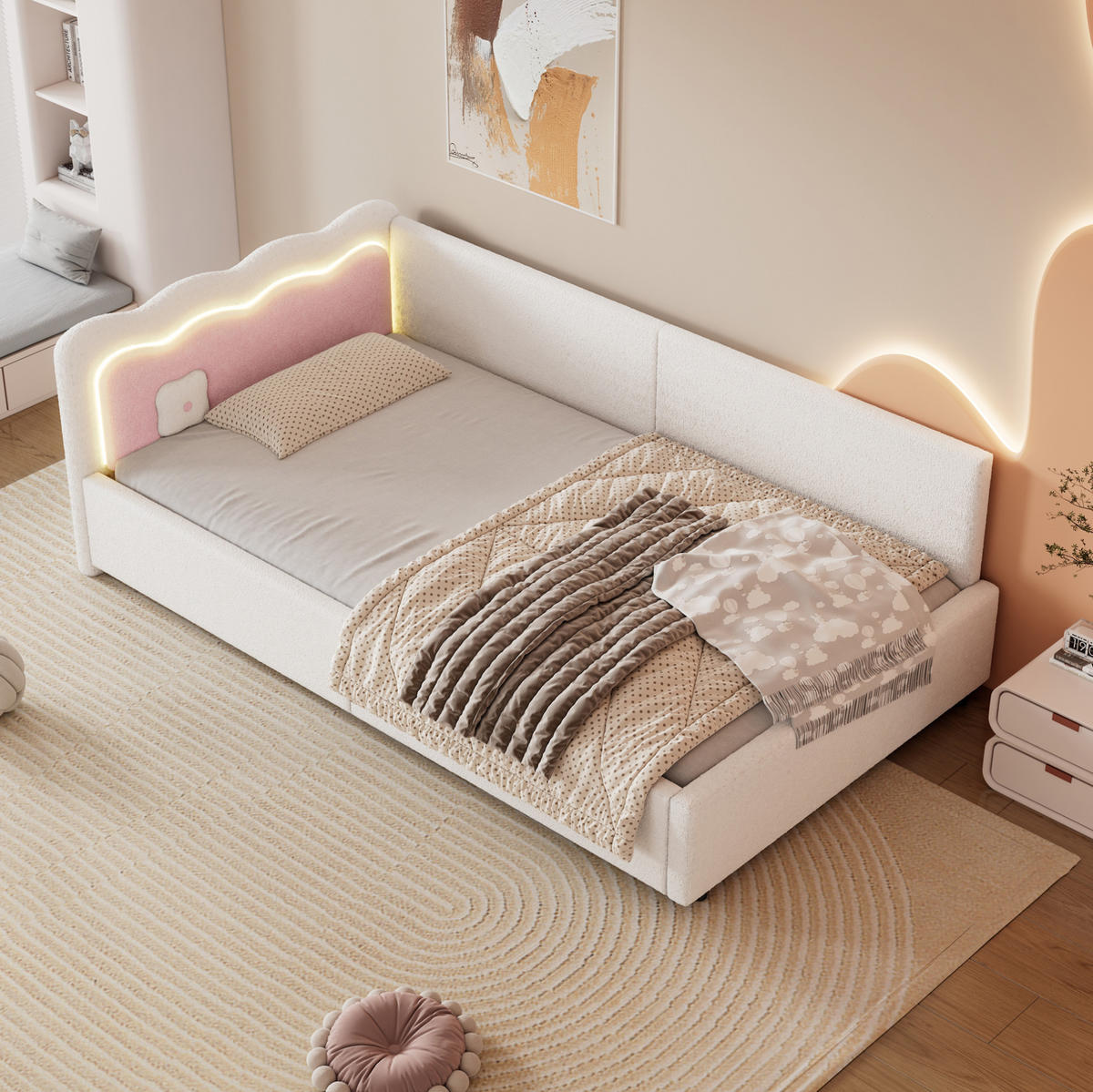 POLSTERBETT aus Samt 90x200 cm in Weiß mit LED-Ambientebeleuchtung - Weiß, Textil (90/200cm) - Modfu