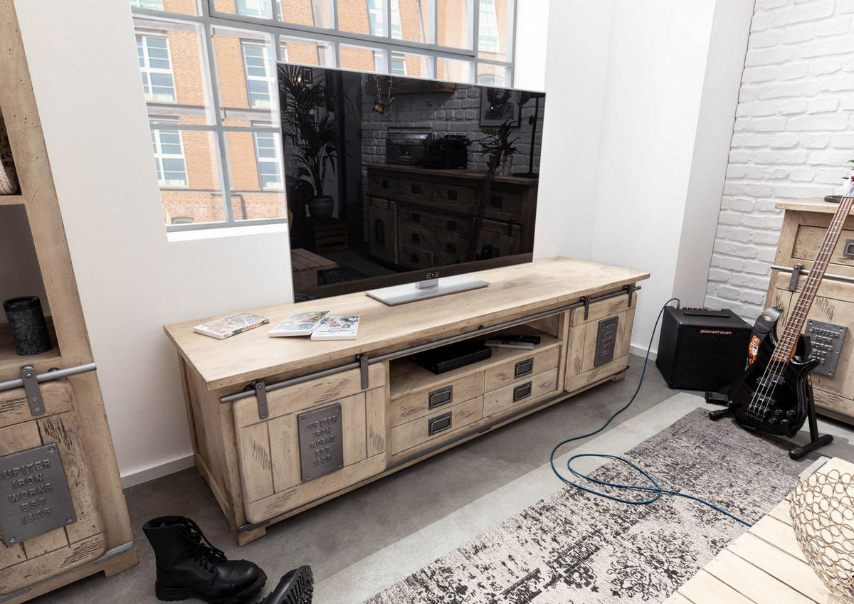 TV-BOARD Mango 200x55x55 whitewash lackiert RAILWAY #348 - Beige, Holz (200/55/55cm) - Massivmoebel24