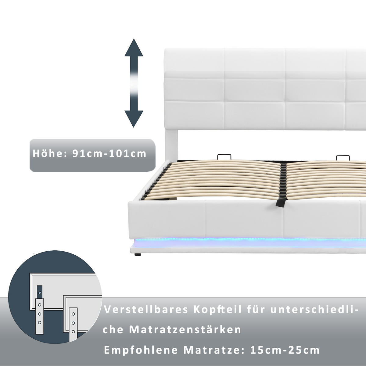 POLSTERBETT 180/200 cm in Weiß mit Bettkasten, LED und verstellbarem Kopfteil - Weiß, Holzwerkstoff/Textil (180/200cm) - WISHDOR