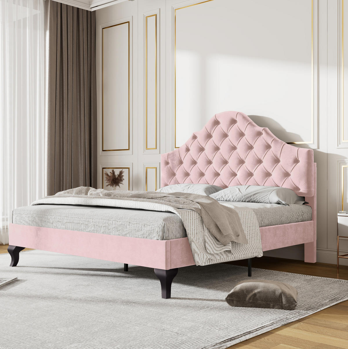 SAMT-POLSTERBETT 140/200 cm mit Lattenrost und verstellbarem Kopfteil - Rosa, Textil (140/200cm) - BEAOK