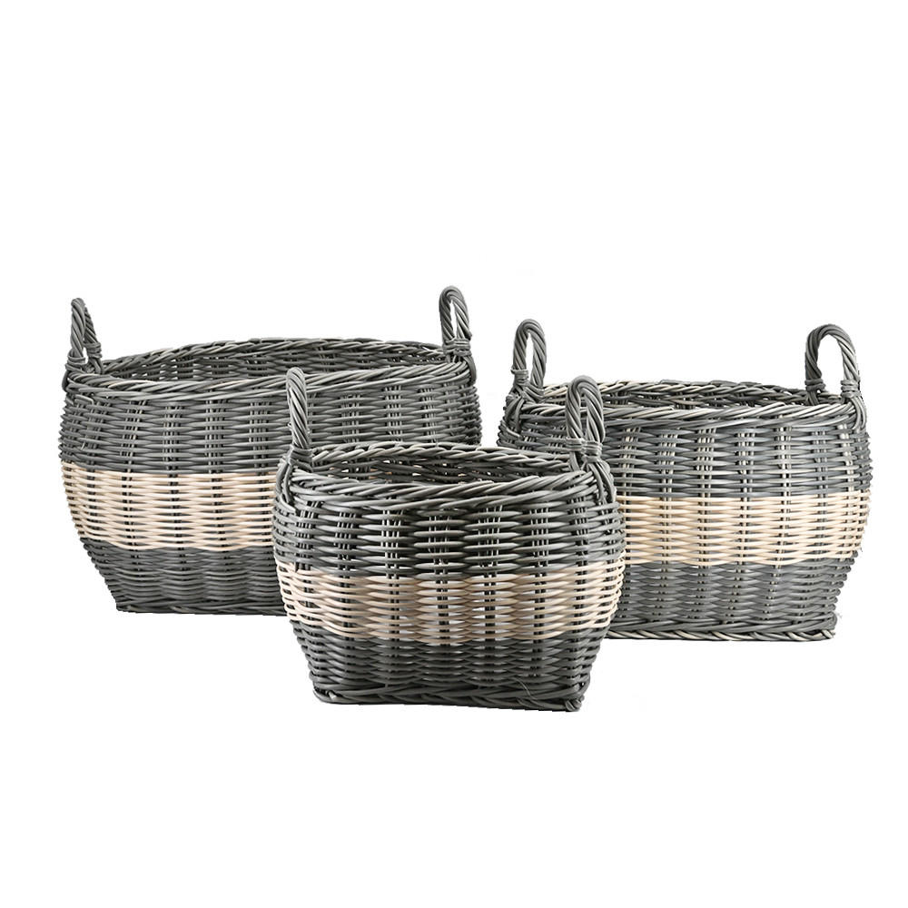 PFLANZKÖRBE 3er Set, Rattan, grau-gestreift - Grau, Kunststoff (41cm) - dasmöbelwerk