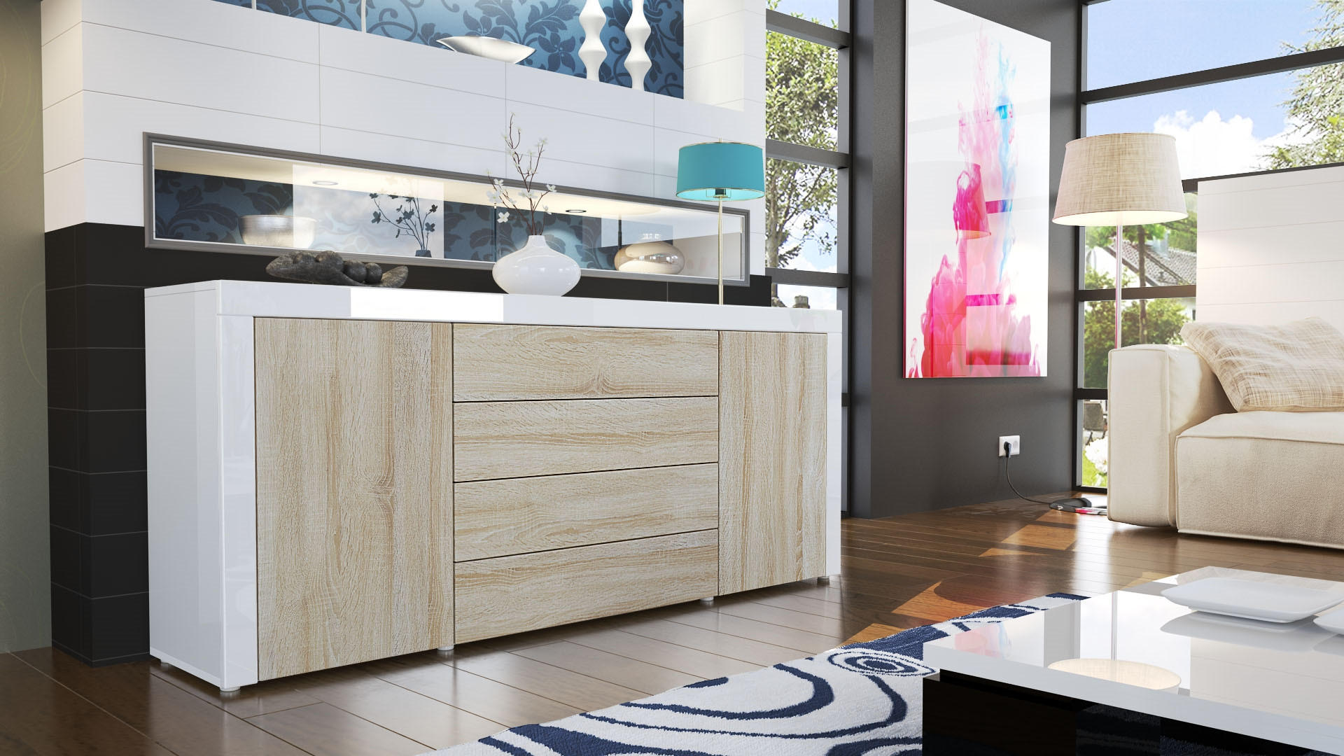 SIDEBOARD La Paz Eiche sägerau / Weiß Hochglanz - Eiche San Remo, Holzwerkstoff (167/72/35cm) - Vladon