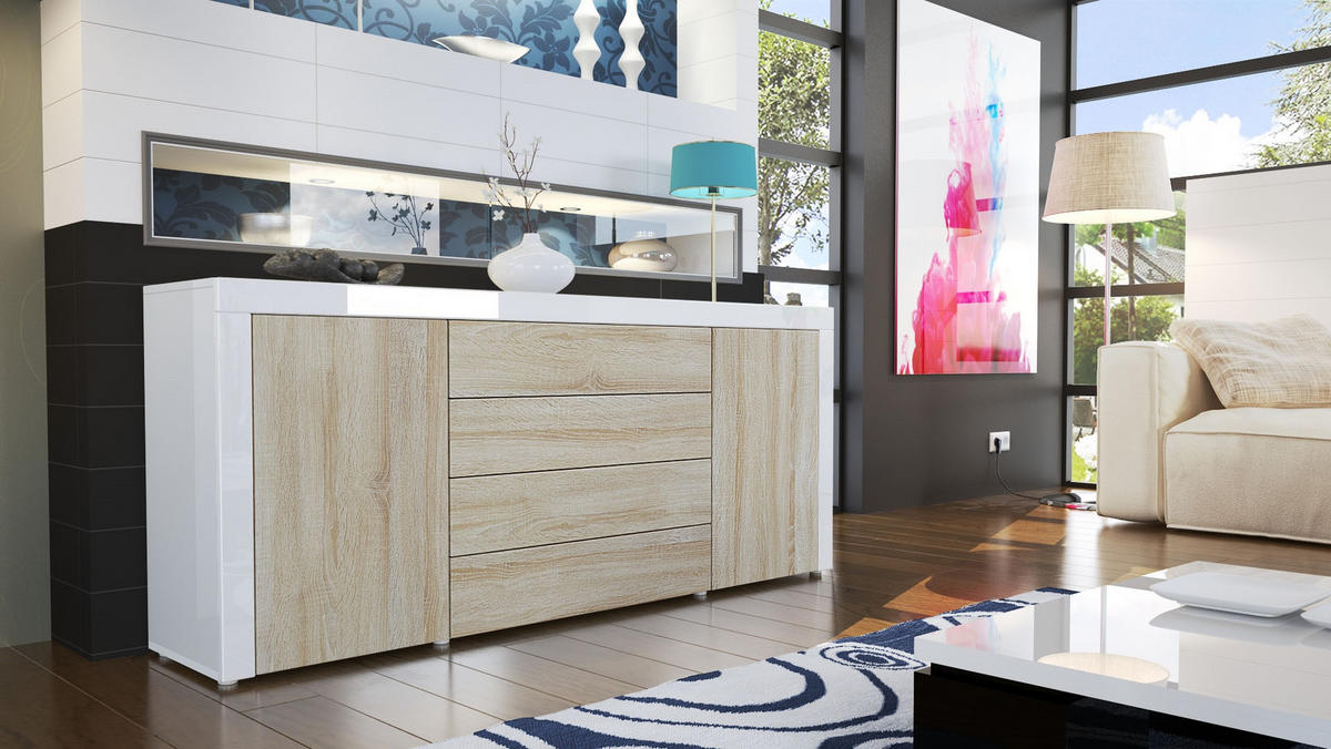 SIDEBOARD La Paz Eiche sägerau / Weiß Hochglanz - Eiche San Remo, Holzwerkstoff (167/72/35cm) - Vladon