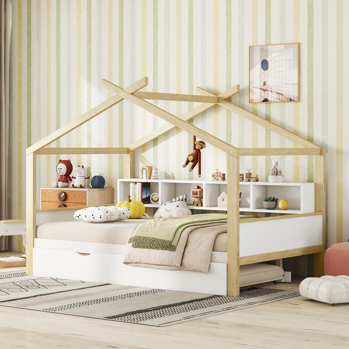 HAUSBETT 140/200 cm DE-04750, mit Ausziehbett und vier Staufächern in Weiß - Weiß/Naturfarben, Holz/Holzwerkstoff (140/200cm) - ComfortXL