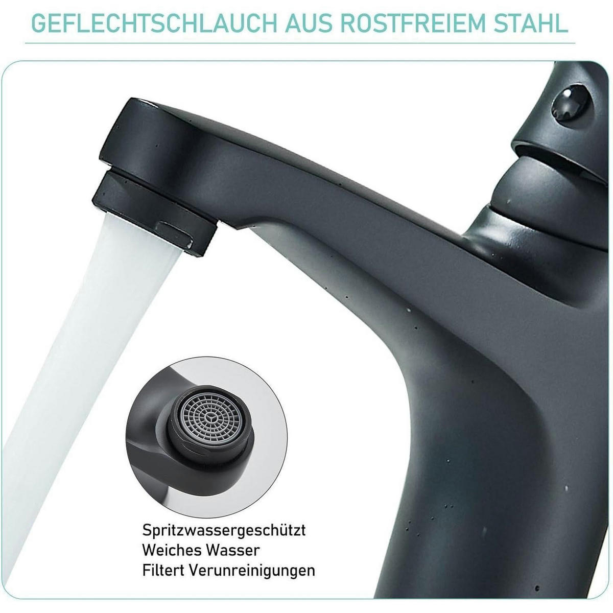 WASCHTISCHARMATUR Niederdruck Schwarz Messing mit Wassersparfunktion - Schwarz, Metall (19/7/25cm)