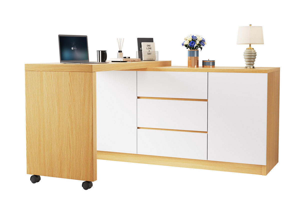 SCHREIBTISCH drehbar 120 x 50 x 76,5 cm Weiß/Eiche mit Rollen - Eichefarben, Holz (120/50/76.5cm) - Meubliv