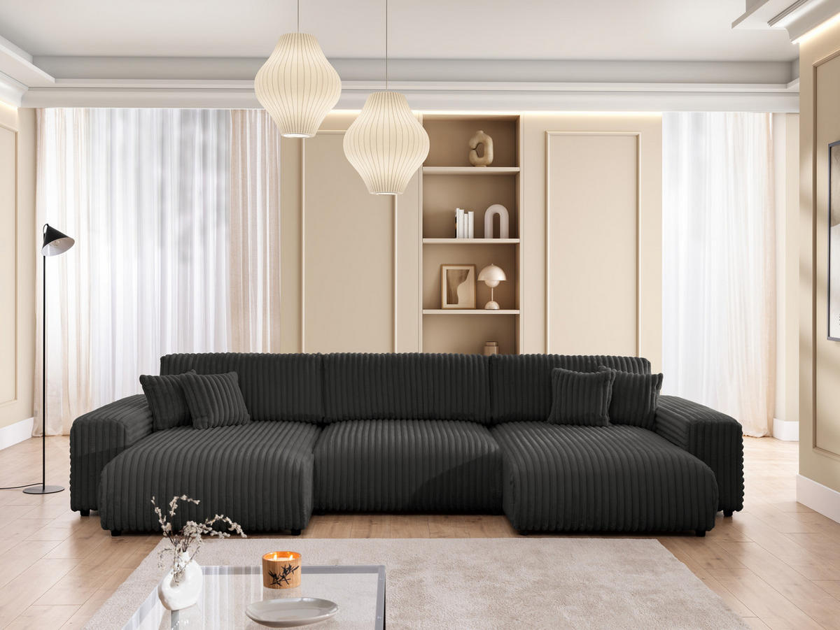 WOHNLANDSCHAFT Mollis Dunkelgrau Plüschcord mit Schlaffunktion - Dunkelgrau/Schwarz, Holz/Kunststoff (350/77/168cm) - S-Style Möbel