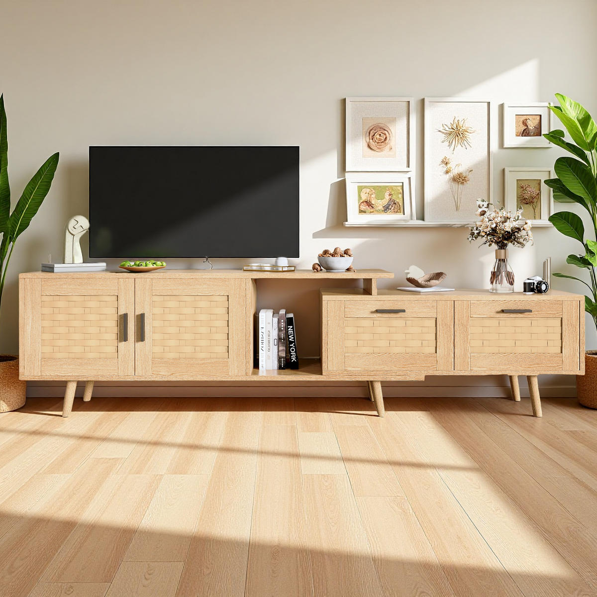 TV-LOWBOARD ausziehbar 146–180 cm, Eiche-Optik mit Rattan-Fronten & Stauraum - Braun, Holzwerkstoff (29.8/44/169cm) - SHOPENTRA