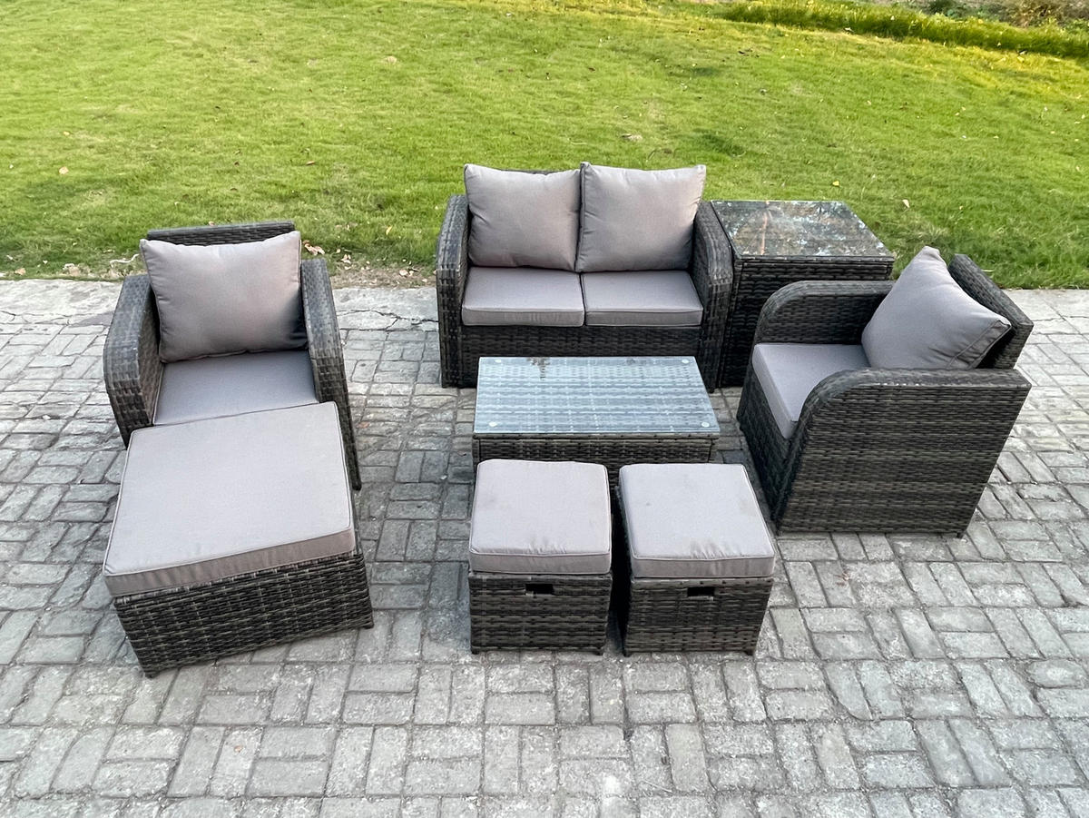 GARTENLOUNGE-SET Polyrattan Dunkelgrau 7-Sitzer - Dunkelgrau, Metall - Fimous