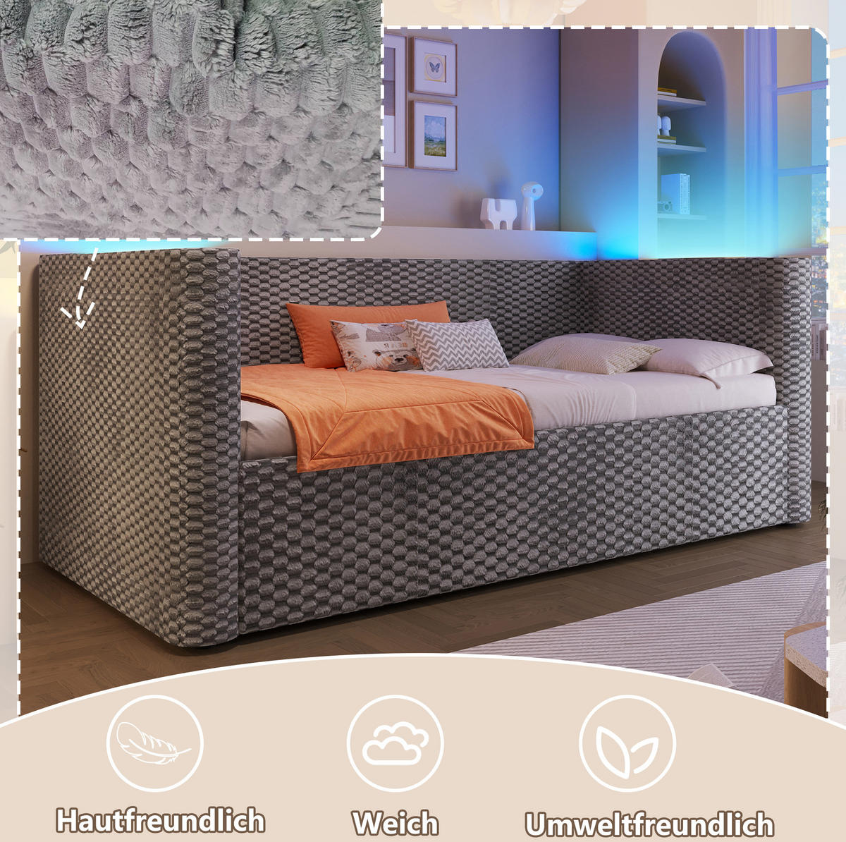 ČALOUNĚNÁ postel 90/200 cm ze sametu s LED osvětlením a hydraulickým úložným prostorem, Šedá - šedá, textil (90/200cm) - Redom