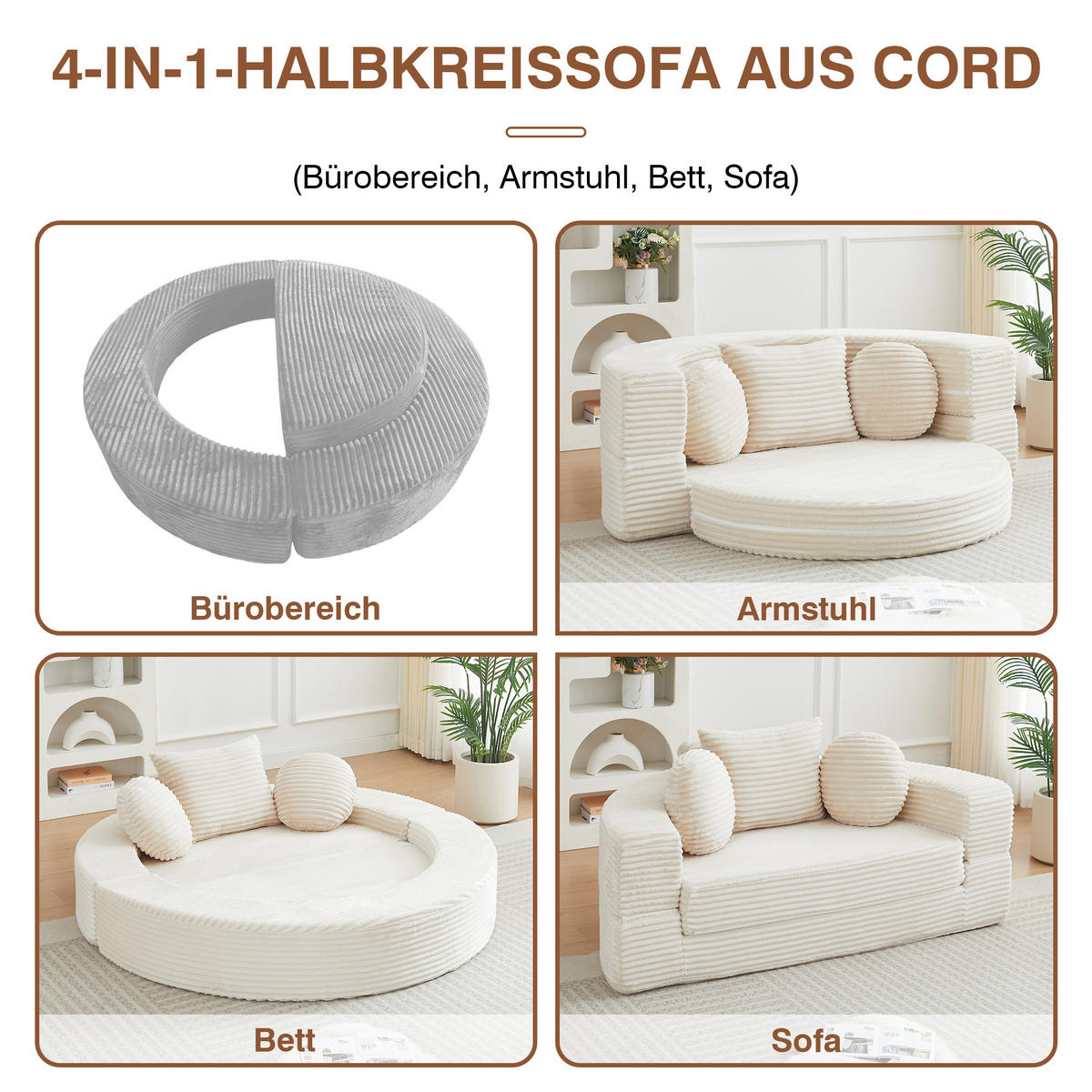 SCHLAFSOFA 4-in-1 halbrund/rund mit 3 Kissen, DE-42726, Beige - Beige, Textil (180/84/92cm) - ComfortXL