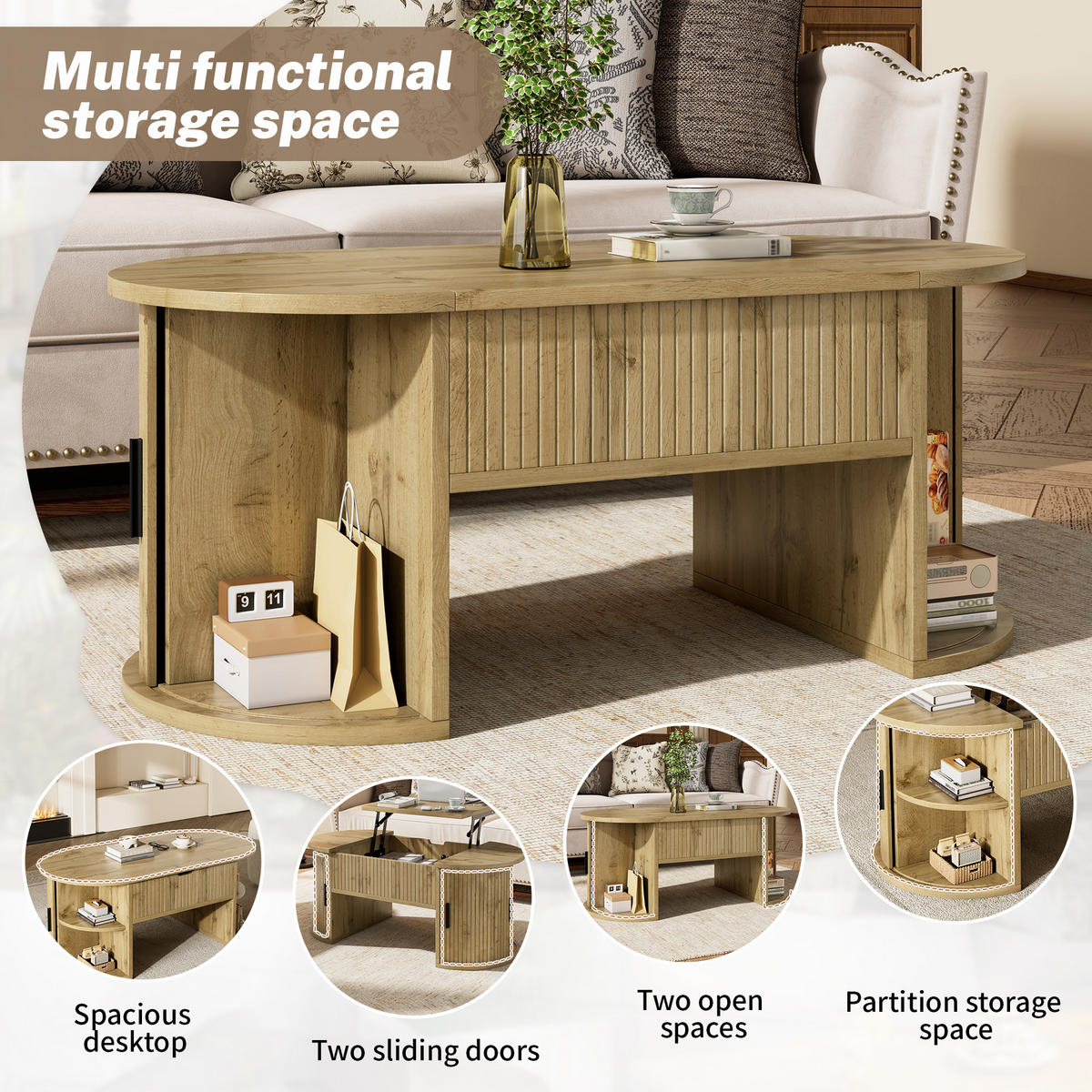 COUCHTISCH 100/50/40,5 cm eichefarben aus Holzwerkstoff mit höhenverstellbarer Tischplatte Schiebetüren und offenen Regalen - Eichefarben, Holzwerkstoff (100/50/40.5cm) - OKWISH