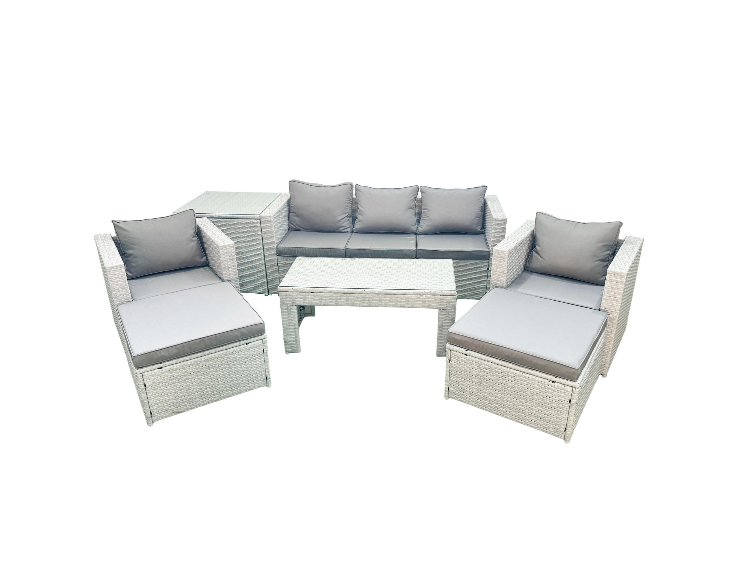 GARTENSET mit 3-SITZER SOFA,COUCHTISCH Polyrattan Hellgrau-Mix 7-Sitzer - Hellgrau/Grau, Glas/Kunststoff - Fimous