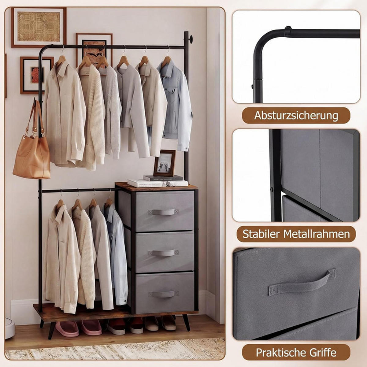 GARDEROBENSTÄNDER mit 2 Ablagefächern schwarz - Schwarz, Metall (95/175/40cm) - COSTWAY