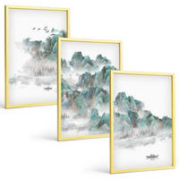 BILDER SET 3er Set - 40x60 cm Goldrahmen - Berge, Wolken, Vögel, Boot, Japandi - Goldfarben, Kunststoff (40/60cm) - TULUP