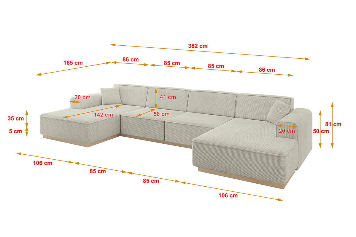 WOHNLANDSCHAFT IREA-U2 - 382x165x81 cm Hellgrau - Hellgrau, Holzwerkstoff/Textil (382/81/165cm) - ALTDECOR