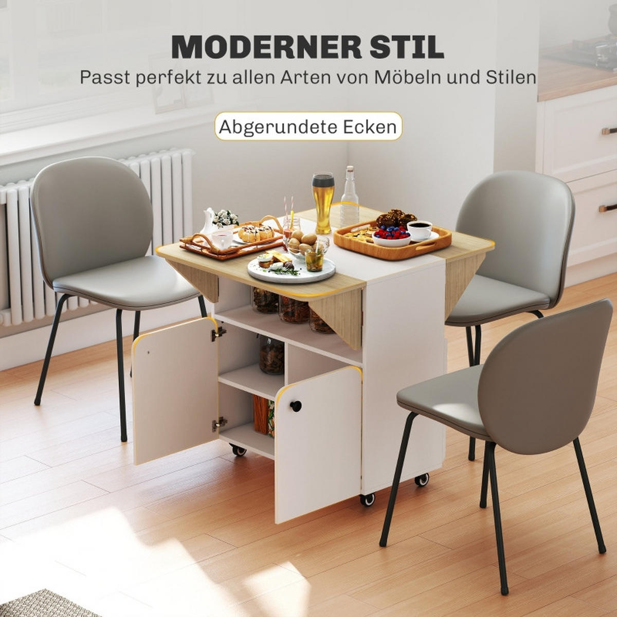 KLAPPTISCH 83/70/75 cm, seitlich ausklappbar, mit Rollen und Stauraum - Weiß, Holz (70/83/75cm) - BEAOK