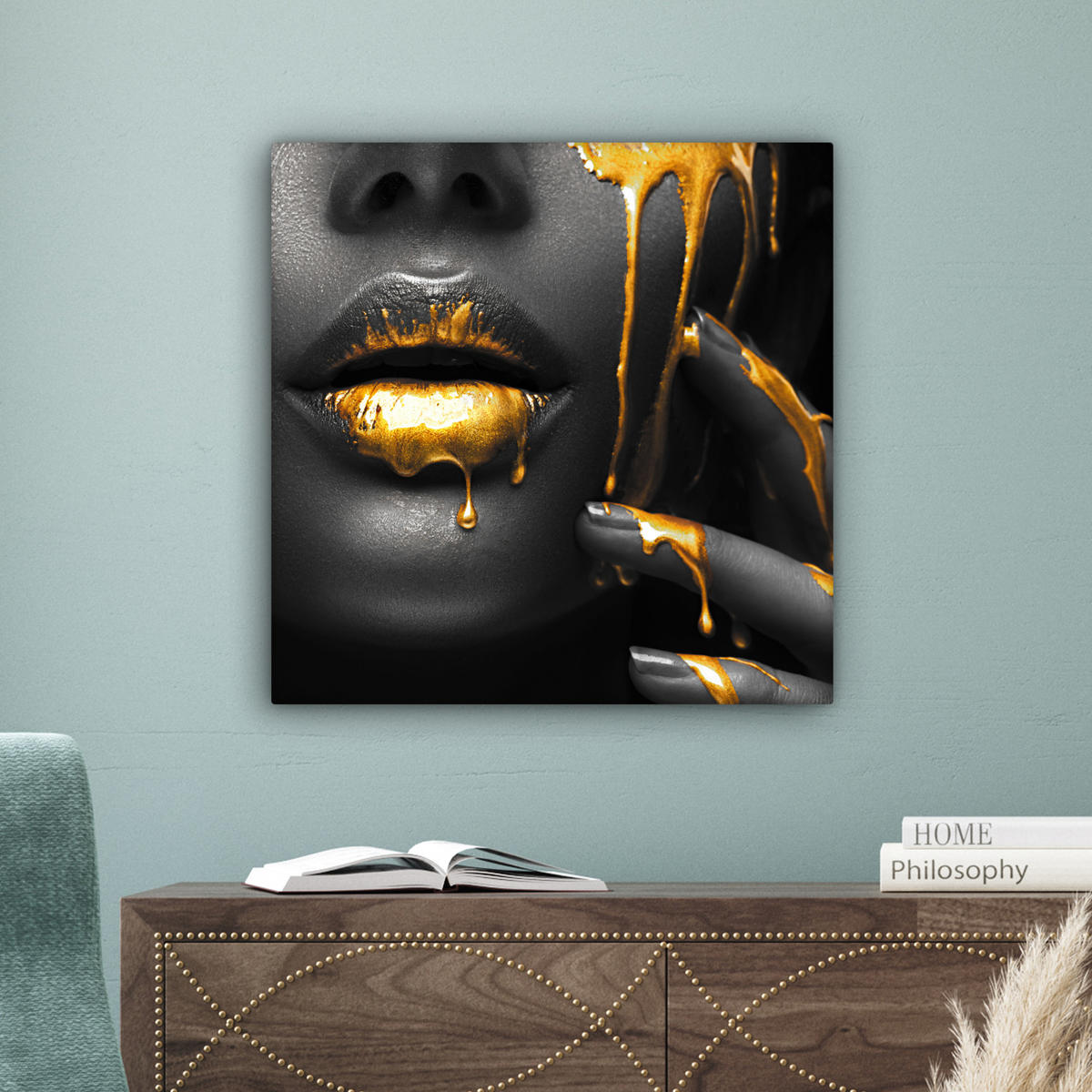 LEINWANDBILD Frau - Schwarz - Gold - Gesicht - Lippen 50x50 cm - Goldfarben, Textil (50/50cm) - MuchoWow