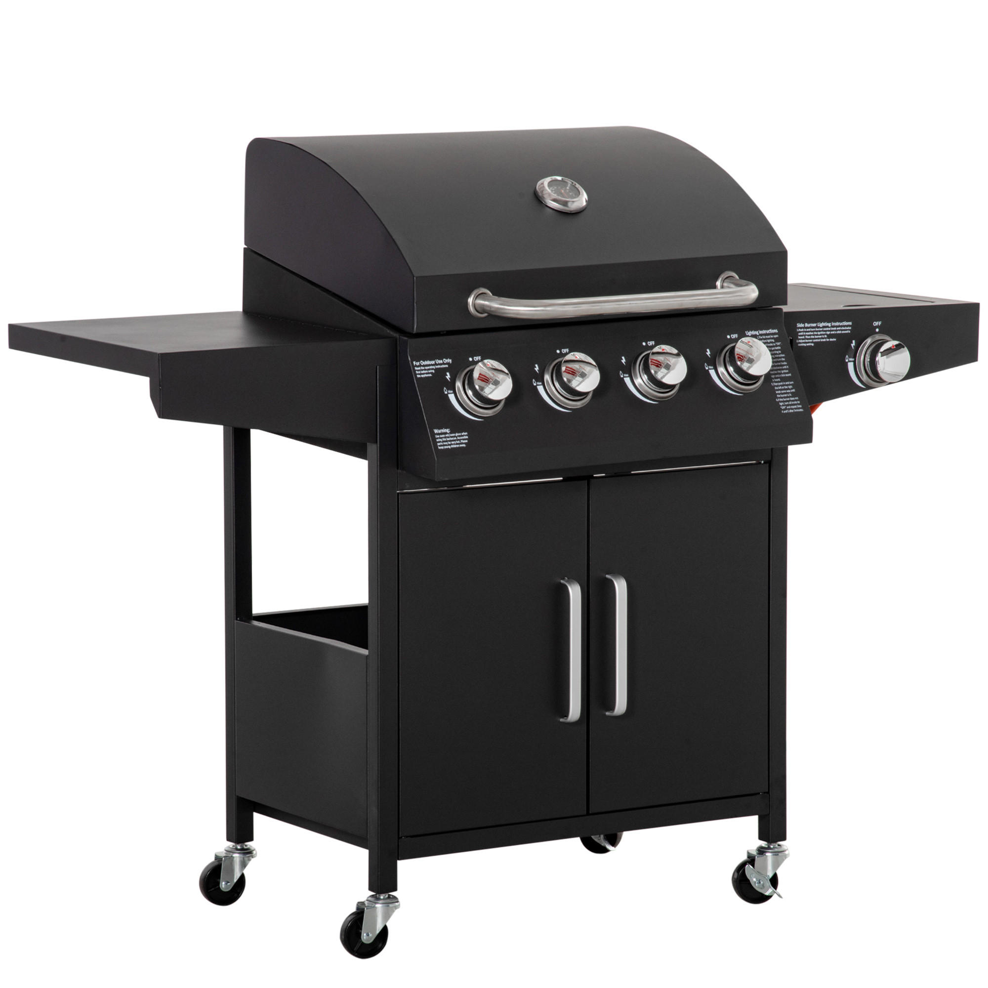 GASGRILL BBQ mit 3 Brennern je 3 kw mobiler Grillwagen mit 4 Rädern Metall Schwarz 132,4cm x 55cm x 109cm - Schwarz, Metall (55/109/132.4cm) - Outsunny