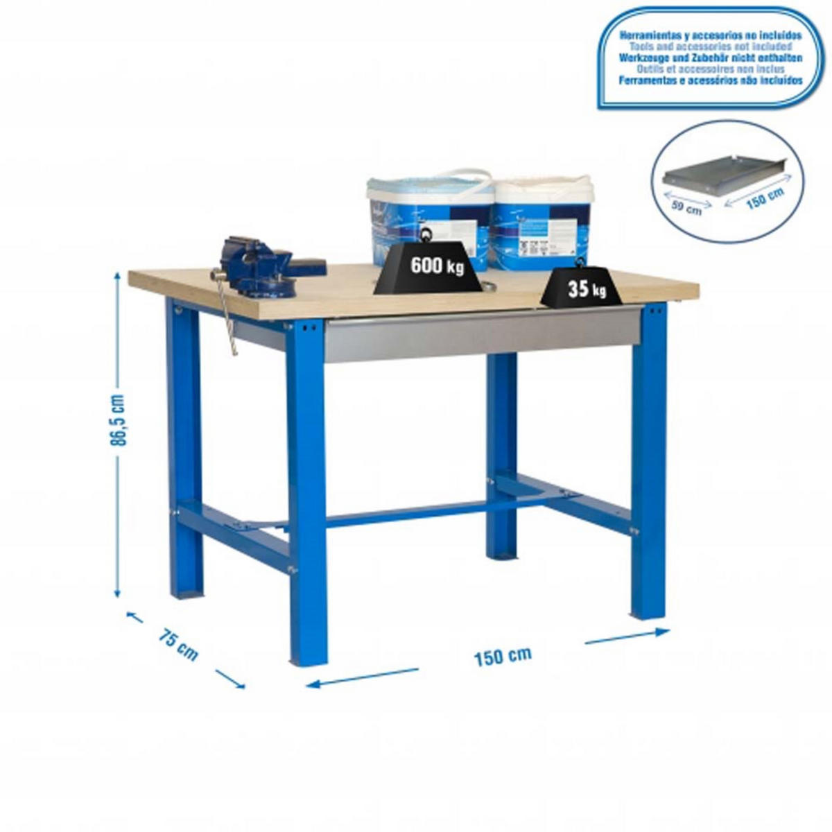 WERKBANK BUFFALO WOOD mit Schublade | HxBxT 87x150x75cm | Traglast 600kg | Blau - Blau, Metall (150/87/75cm) - PROREGAL