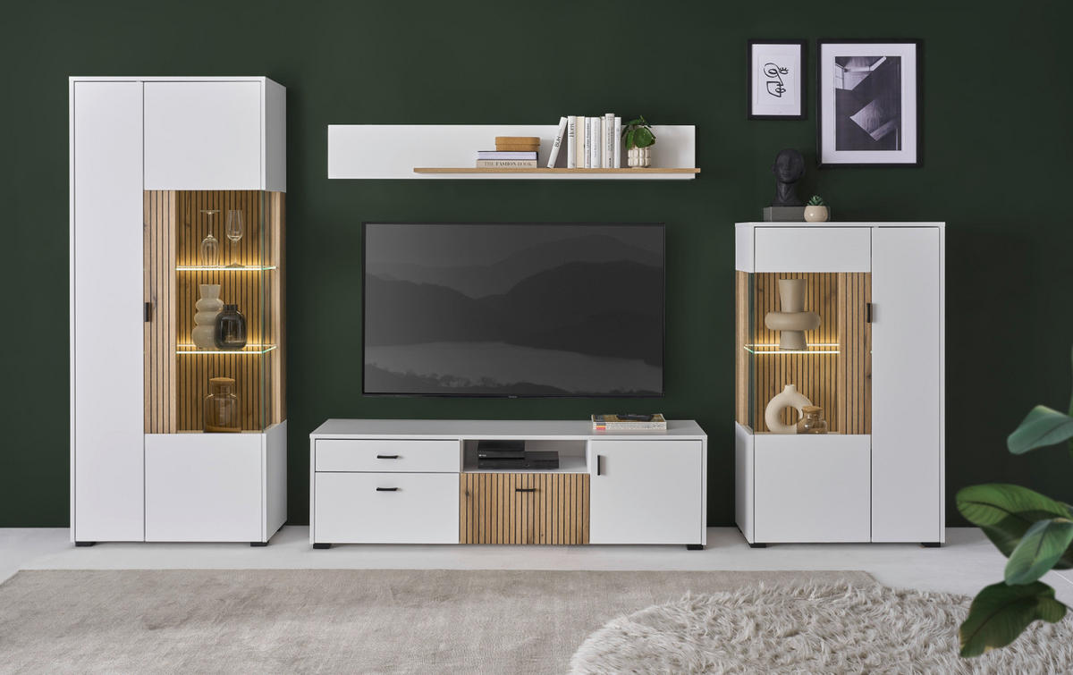 TV-LOWBOARD weiß matt, Eiche 150 x 44 cm, TV Unterteil mit viel Stauraum und Soft-Close - Eichefarben/Schwarz, Holzwerkstoff/Kunststoff (150/44/42cm) - Furn.Design