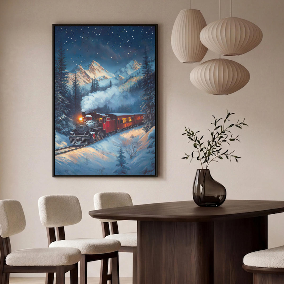 LEINWAND Bilder mit Rahmen - Zug - Weihnachten - Schnee - Weihnachtszug - 80x120 - Anthrazit, Textil (80/120cm) - MuchoWow