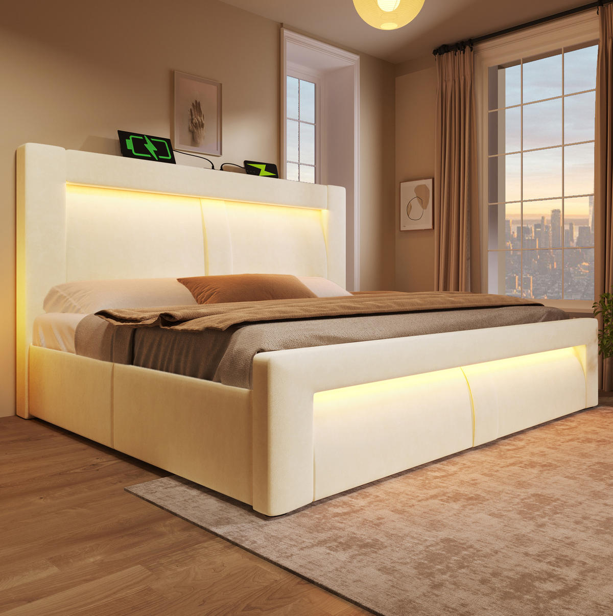 ČALOUNĚNÁ postel ze sametu 180x200 cm béžová s LED, USB a Type-C, hydraulickým úložným prostorem - béžová, textil (180/200cm) - Modfu