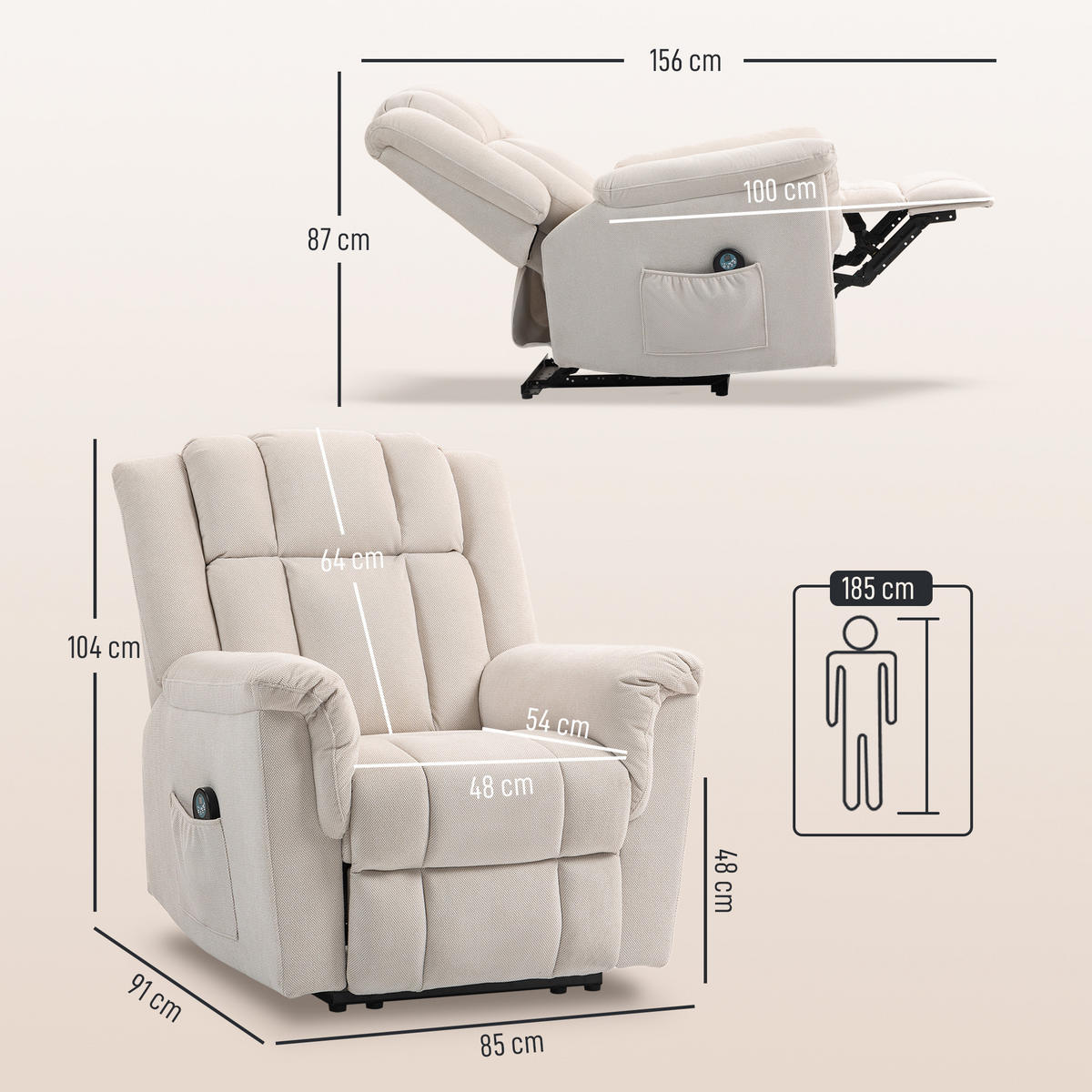 MASSAGESESSEL Beige mit Massage- und Heizfunktion 91/85/104 cm - Beige, Textil (91/104/85cm) - PANGIVO