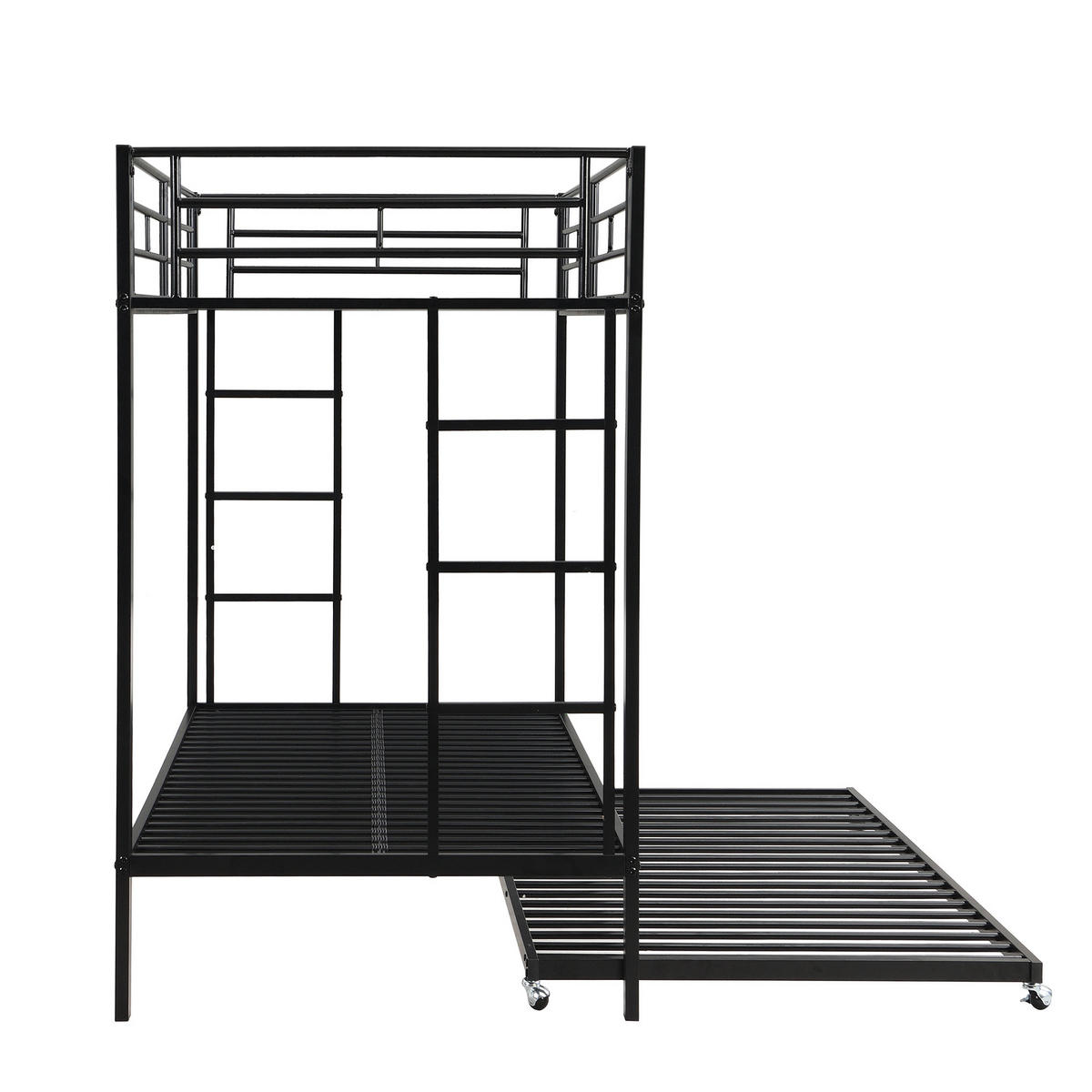 ETAGENBETT aus Metall 90x200 cm Schwarz mit Ausziehbett und hohem Sicherheitsgeländer, EN747-konform - Schwarz, Metall (90/200cm) - Modfu