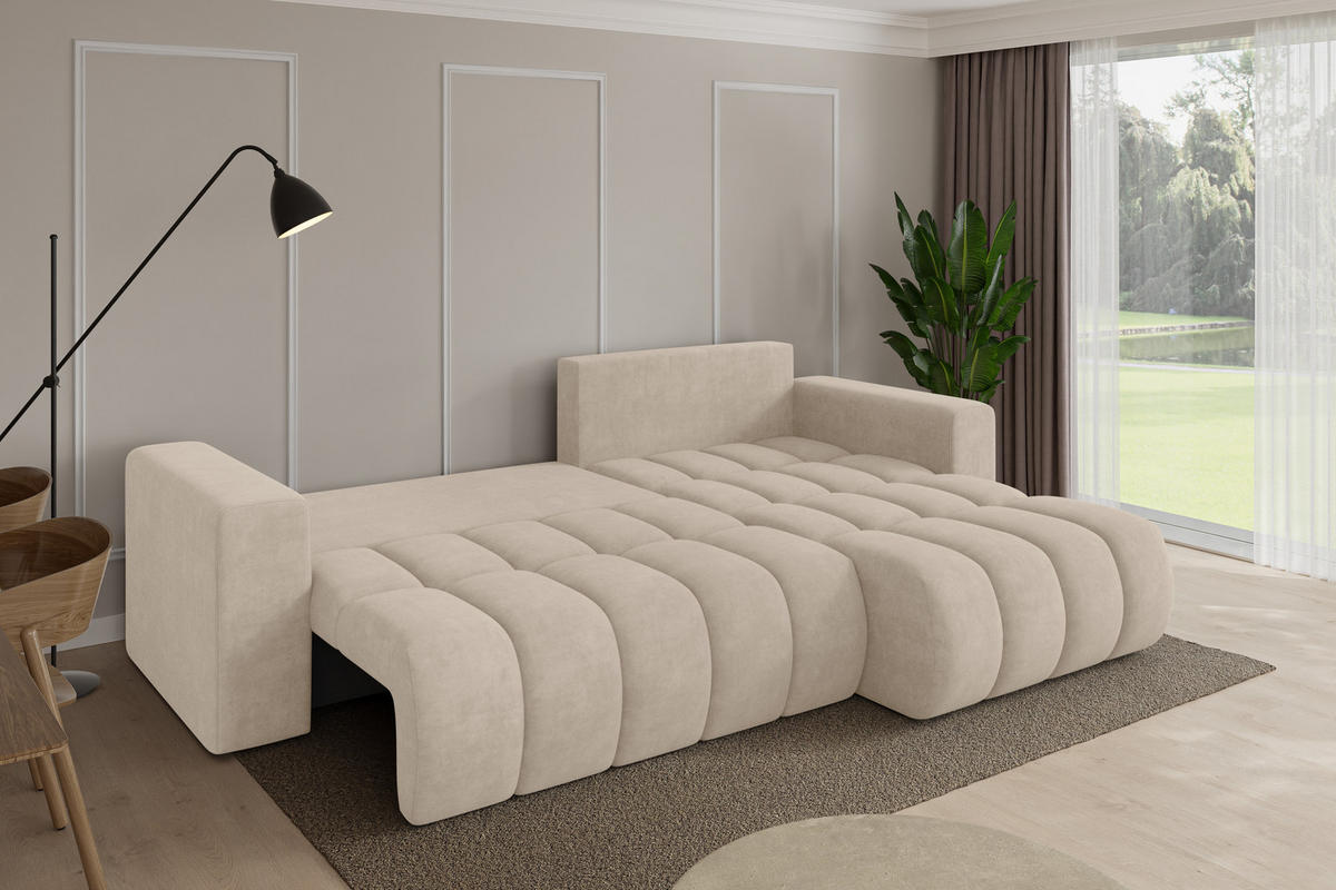 ROHOVÁ SEDAČKA s funkcí spaní, otoman vpravo MILA-L-v1 277x195x86 béžová velur - černá/Sahara, kompozitní dřevo/textil (277/194cm) - ALTDECOR