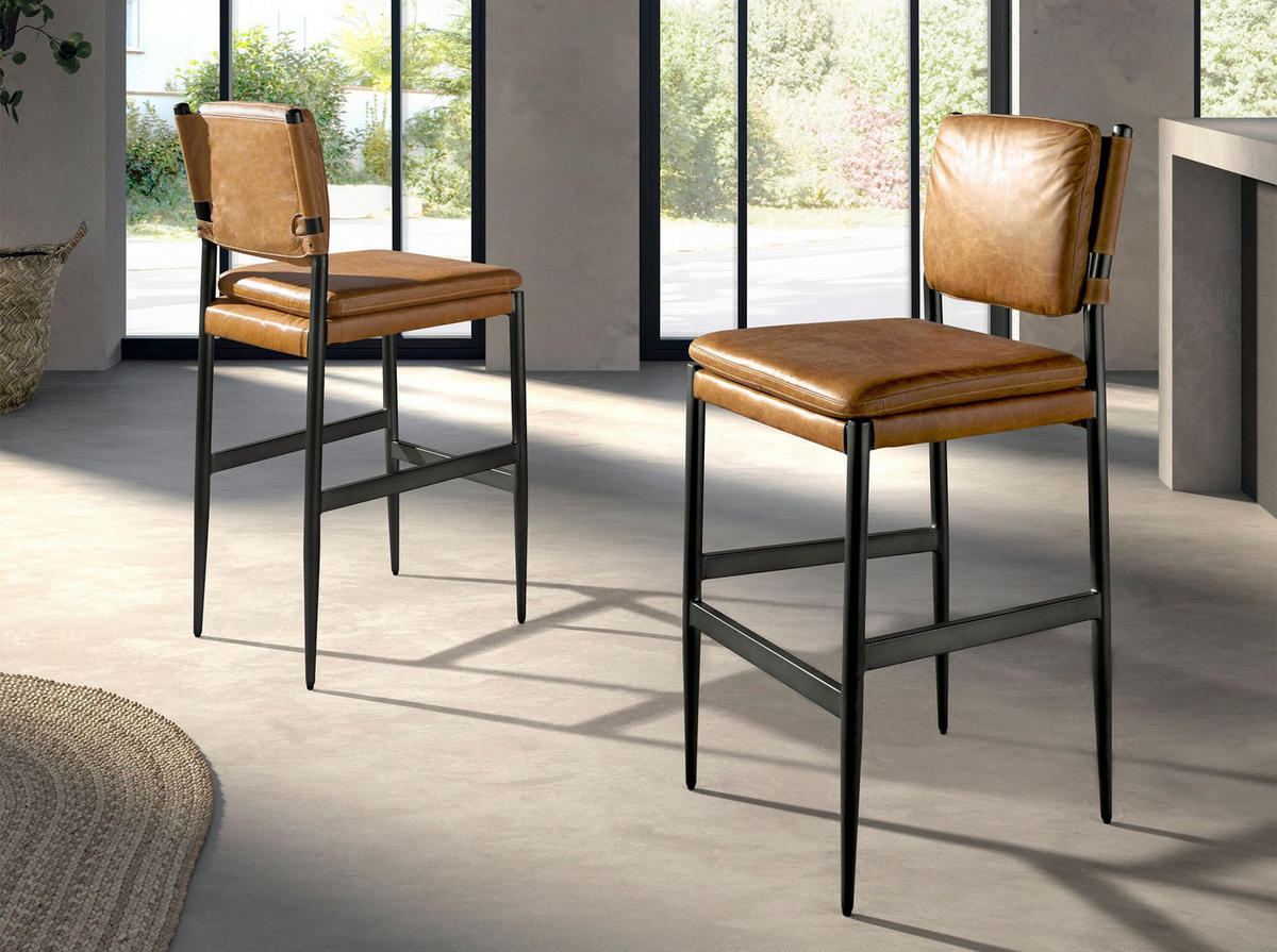 BARHOCKER Brauner Lederhocker 49/55/112 cm - Schwarz/Braun, Leder/Metall (49/112/55cm) - ANGEL CERDA