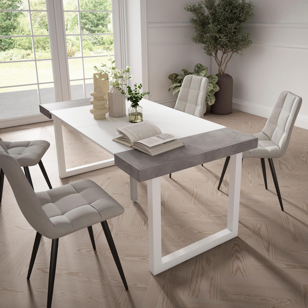 KONSOLENTISCH ausziehbar 58 bis 180cm, für 8 Gäste, weiß zementgrau, 90/58/73cm - Weiß/Grau, Holzwerkstoff (90/180/73cm) - Skraut Home