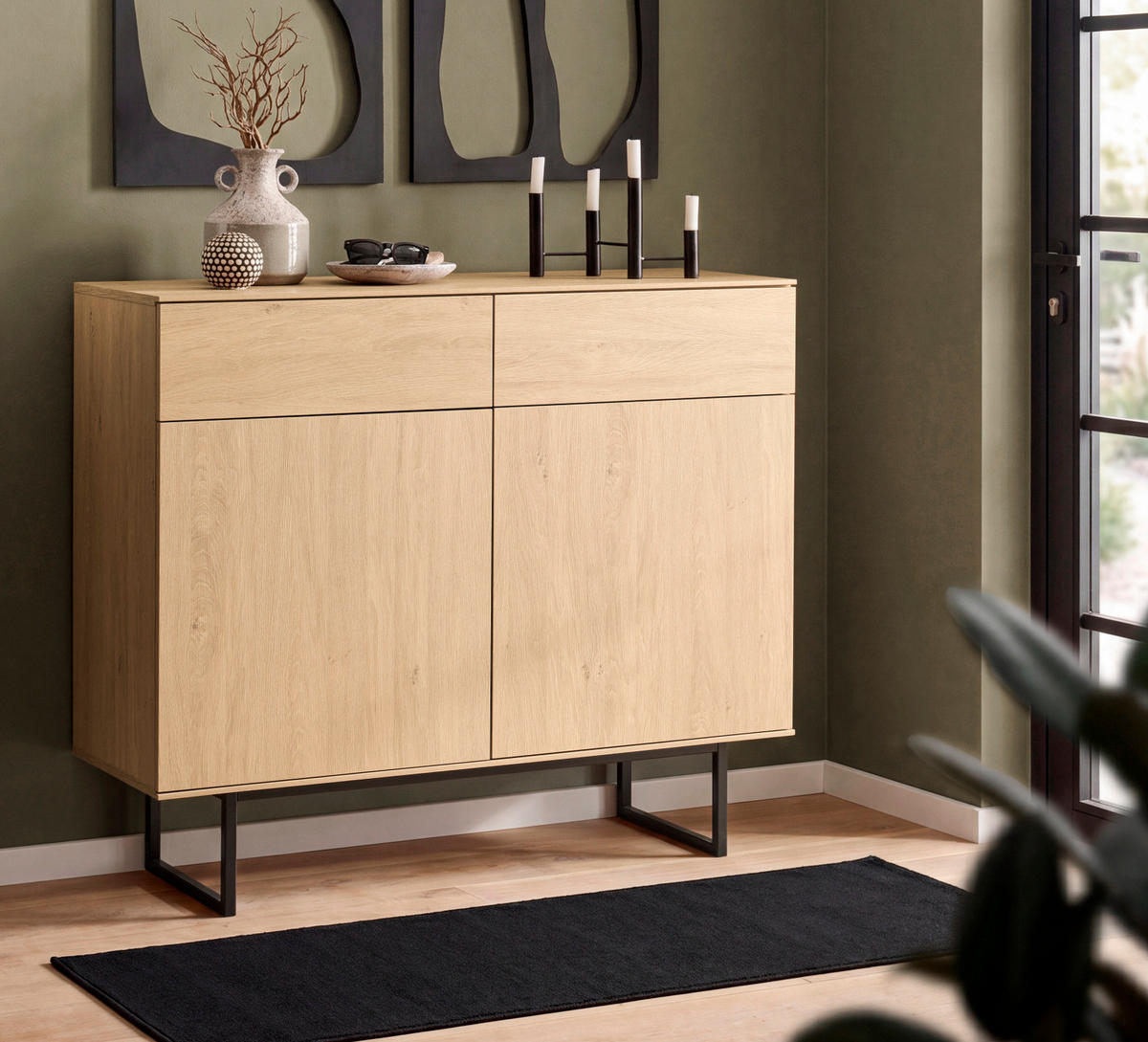 FLURKOMMODE Stone Eiche 115 x 98 cm, Schuhschrank mit Push-to-Open - Eichefarben/Schwarz, Holzwerkstoff/Metall (115/98/40cm) - Furn.Design