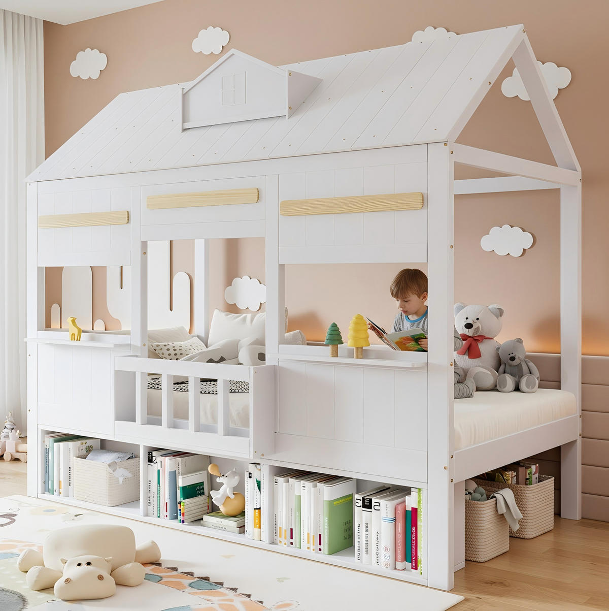 HAUSBETT 90/200 cm Weiß aus Kiefer und MDF mit Bücherregal - Weiß, Holz (90/200cm) - OKMYHOME