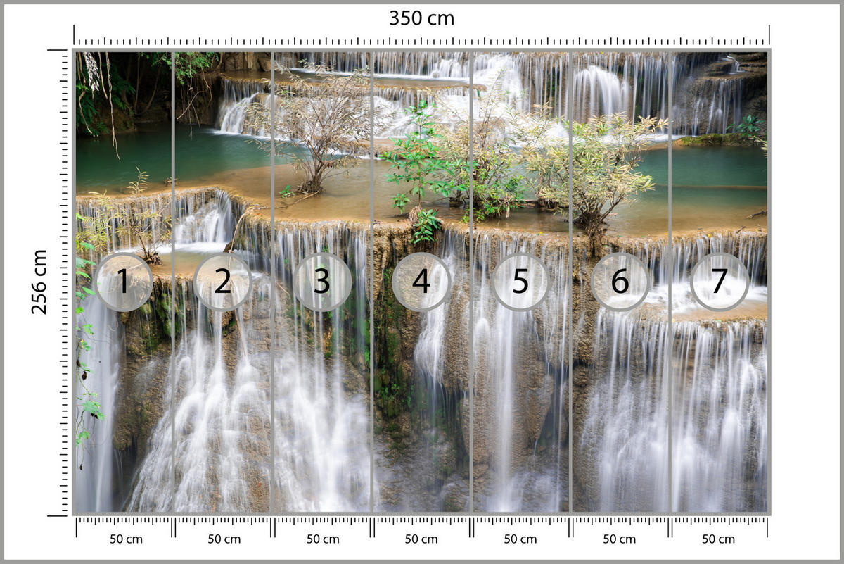 FOTOTAPETE für Wohnzimmer Wasserfall Panorama Pflanzen Natur 350x256 - Blau/Beige, Papier (350/256cm) - Muralo