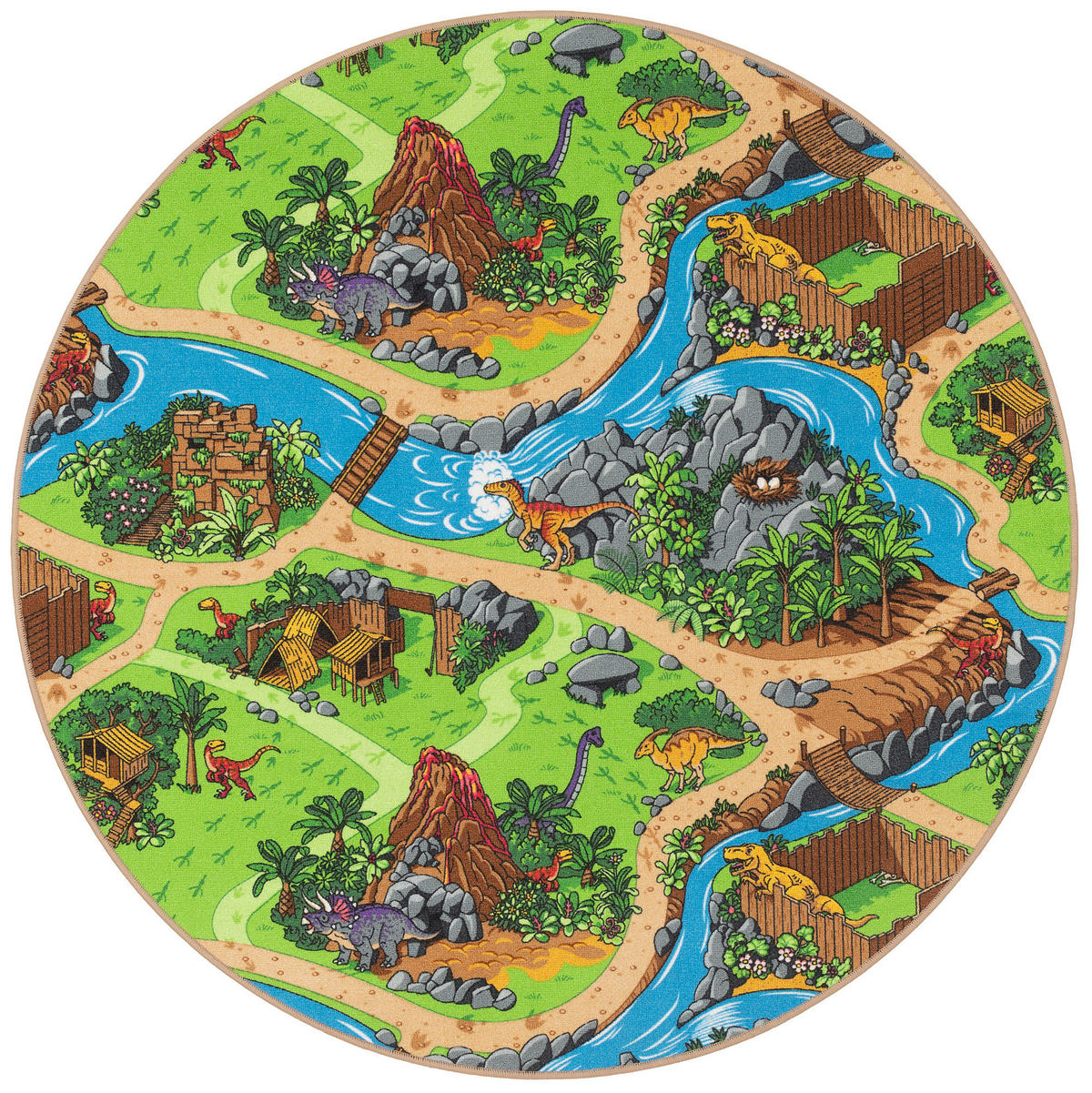 KINDER SPIEL STRASSEN TEPPICH DINO WELT RUND - Grün, Textil (200/200cm) - Snapstyle